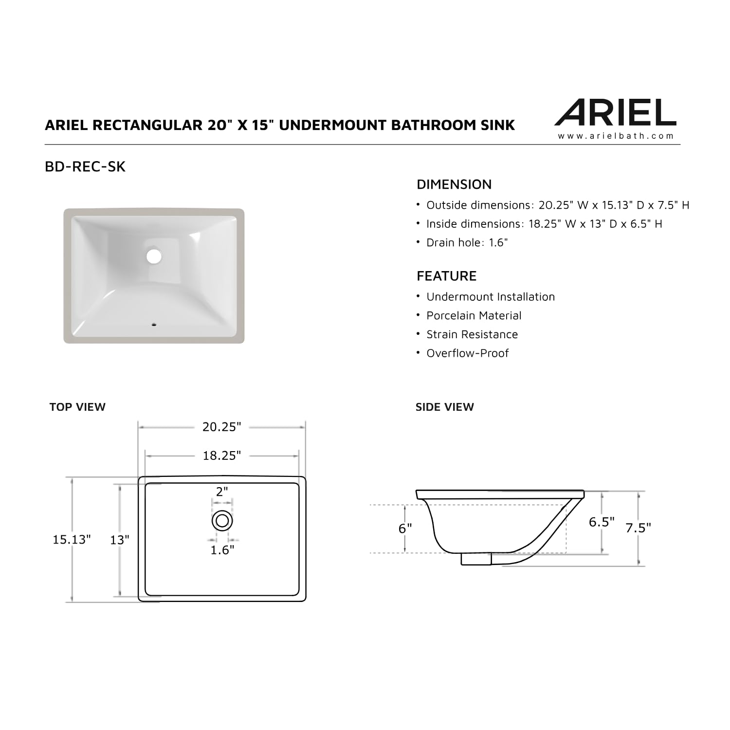 ARIEL 15.13" x 20.25" Rectangle Undermount Bathroom Sink, Rectangular Basin, Porcelain UPC Certified Material, Overflow-Proof, Modern Design - Image 9