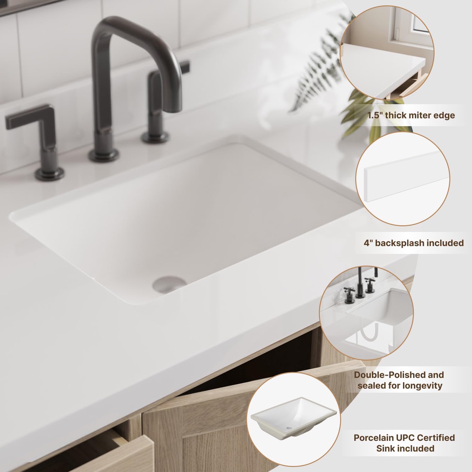 ARIEL 55 inch Bathroom Vanity top with Sink, 1.5 Inch Thick Miter Edge White Quartz top, Rectangle Single Porcelain Sink, Includes Backsplash - Image 3