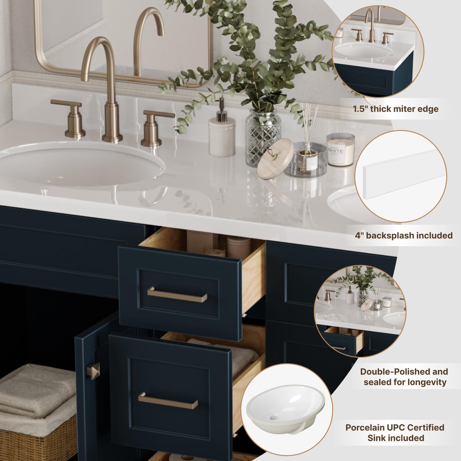 ARIEL 61 inch Double Bathroom Vanity top with Sink, 1.5 Inch Thick Miter Edge White Quartz top, Oval Double Sink Vanity top, Includes Backsplash - Image 3