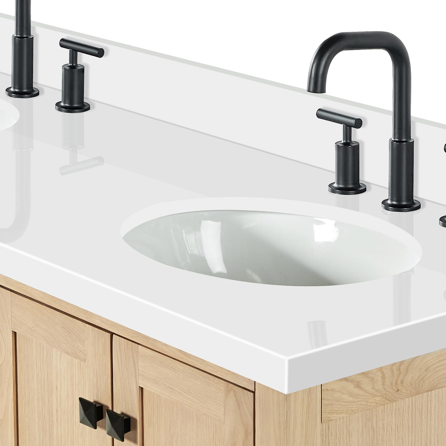 ARIEL 61 inch Double Bathroom Vanity top with Sink, 1.5 Inch Thick Miter Edge White Quartz top, Oval Double Sink Vanity top, Includes Backsplash - Image 9