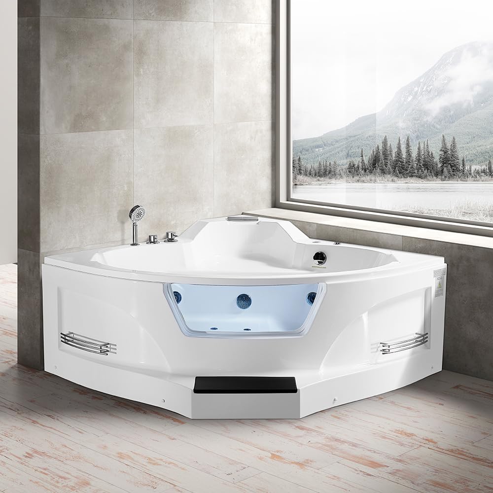 ARIEL 61" Trapezoid Whirlpool Bathtub with 14 Hydro Jets, Two-Person Corner Tub with Water and Air Bubble Jets, Pneumatic Controls, Anti-Scald Faucet, Waterfall & Chrome Fixtures - Image 10