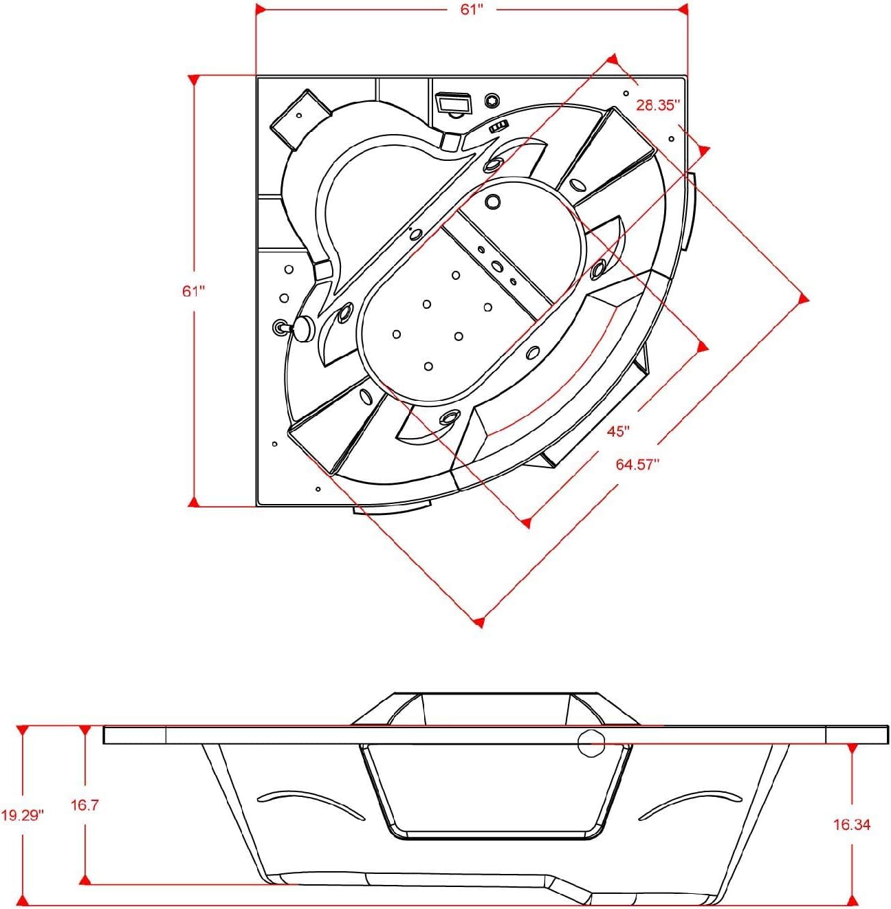 ARIEL 61" Trapezoid Whirlpool Bathtub with 14 Hydro Jets, Two-Person Corner Tub with Water and Air Bubble Jets, Pneumatic Controls, Anti-Scald Faucet, Waterfall & Chrome Fixtures - Image 7