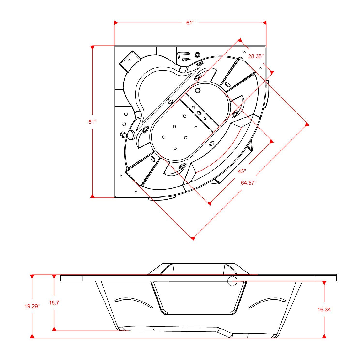 ARIEL 61" Trapezoid Whirlpool Bathtub with 14 Hydro Jets, Two-Person Corner Tub with Water and Air Bubble Jets, Pneumatic Controls, Anti-Scald Faucet, Waterfall & Chrome Fixtures - Image 9