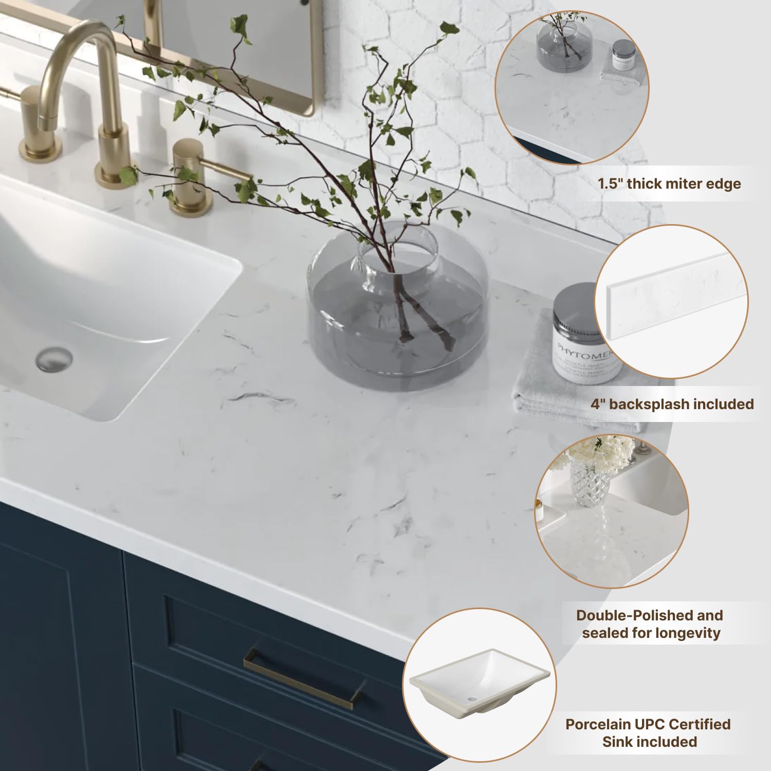 ARIEL 66 inch Double Bathroom Vanity top with Sink, 1.5 Inch Thick Miter Edge Carrara White Quartz top, Rectangle Double Sink Vanity top, Includes Backsplash - Image 3