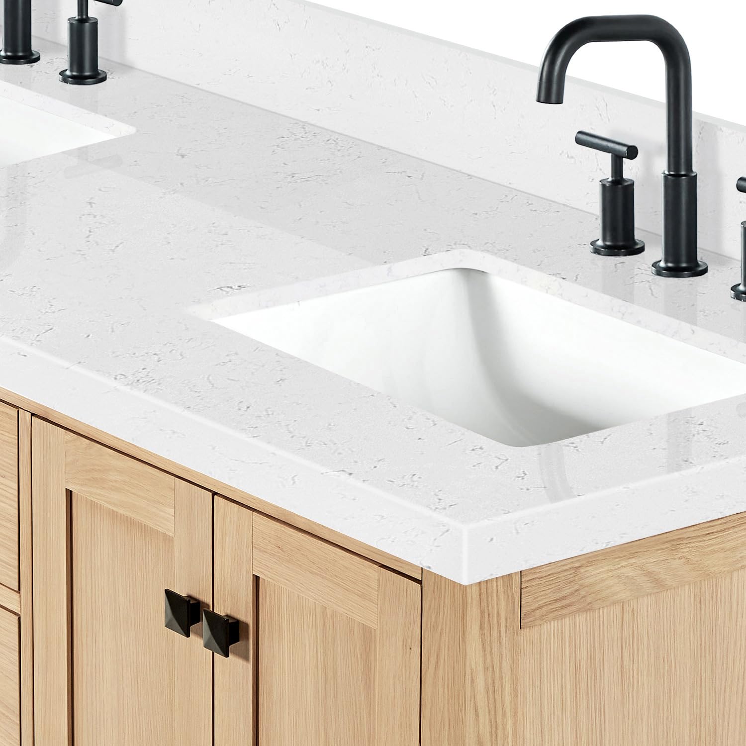 ARIEL 66 inch Double Bathroom Vanity top with Sink, 1.5 Inch Thick Miter Edge Carrara White Quartz top, Rectangle Double Sink Vanity top, Includes Backsplash - Image 9