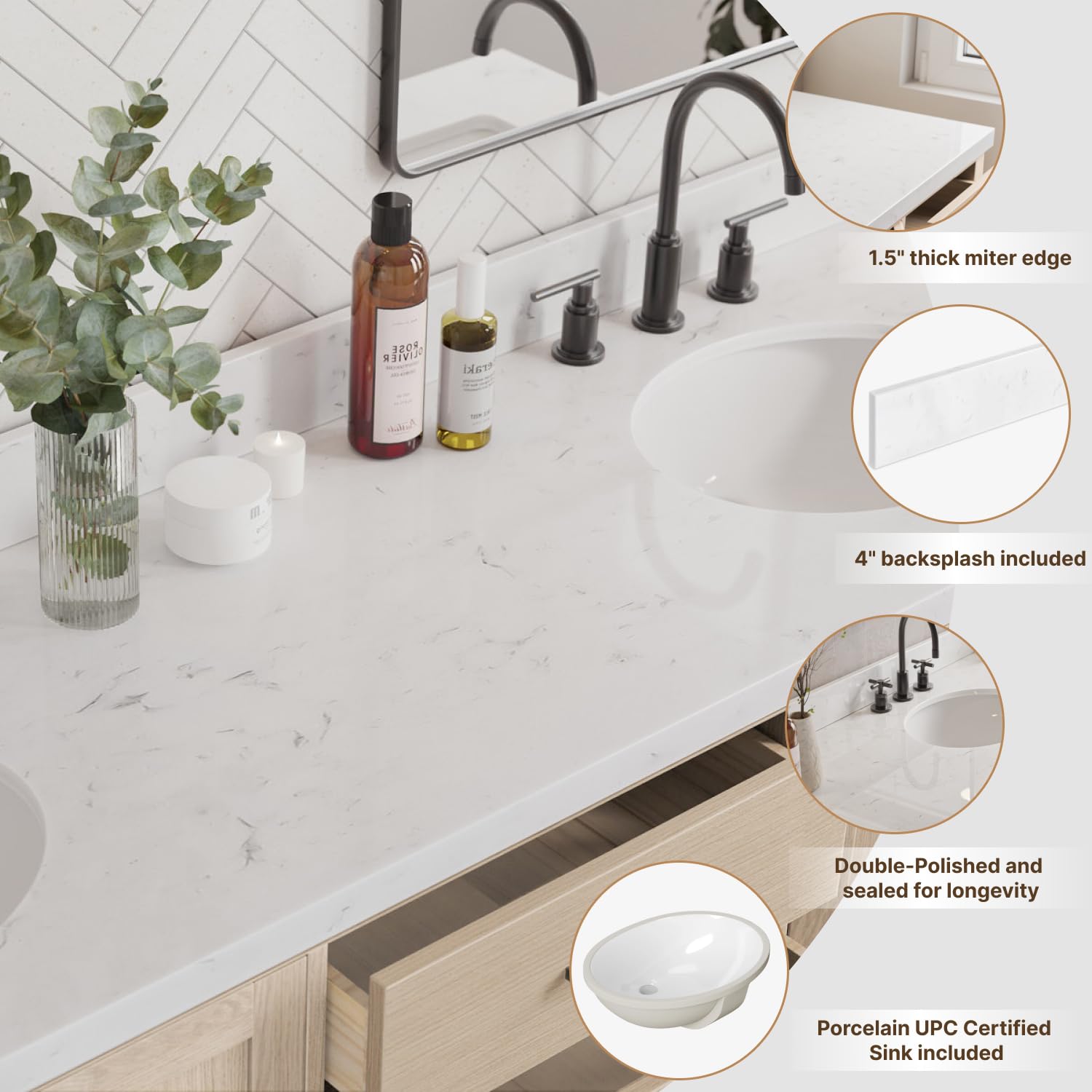 ARIEL 72 inch Double Bathroom Vanity top with Sink, 1.5 Inch Thick Miter Edge Carrara White Quartz top, Oval Double Sink Vanity top, Includes Backsplash - Image 3