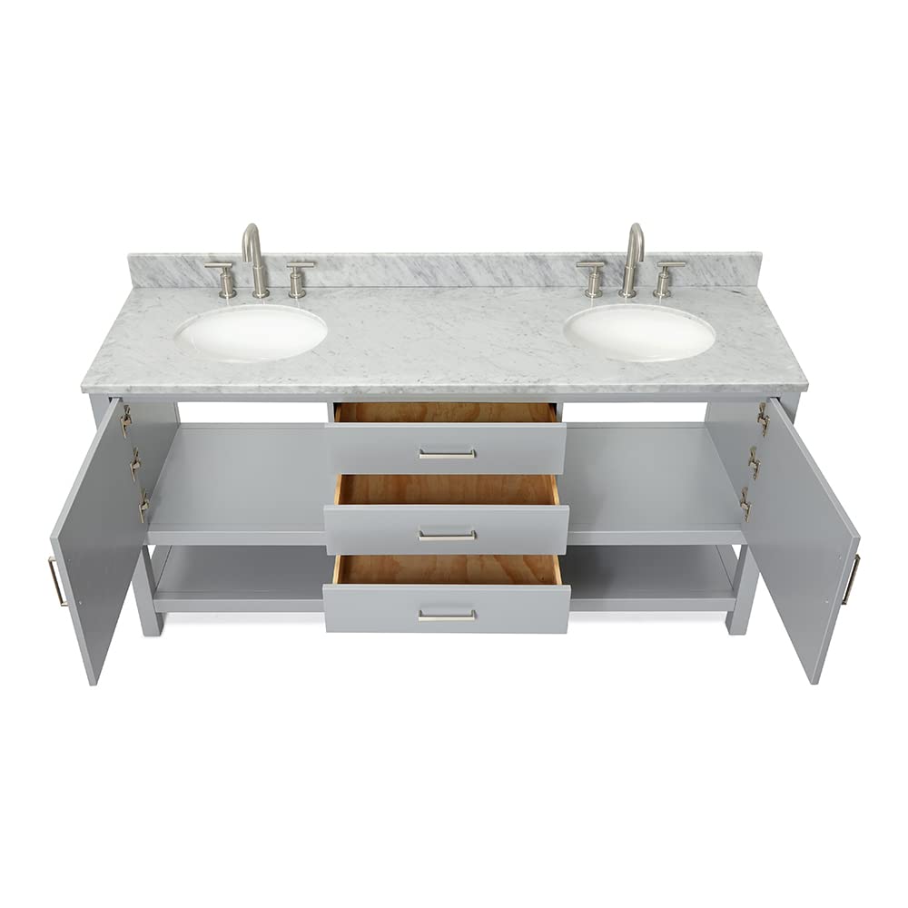 ARIEL Bayhill 72-inch Bathroom Vanity with Sink,Solid Wood, 0.75-inch Italian Carrara Marble Countertop & Backsplash, Double Oval Porcelain Sink, 2 Soft Closing Doors, 3 Dovetail Drawers, Grey - Image 11