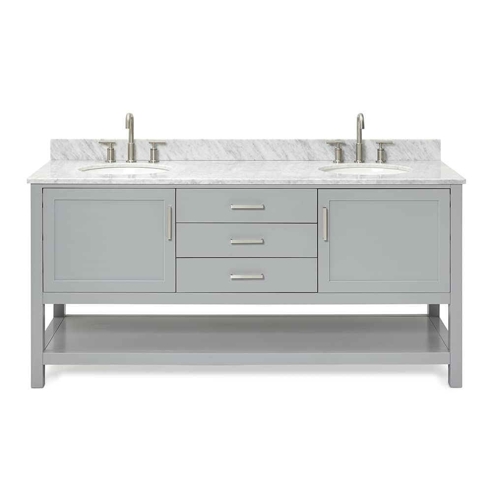 ARIEL Bayhill 72-inch Bathroom Vanity with Sink,Solid Wood, 0.75-inch Italian Carrara Marble Countertop & Backsplash, Double Oval Porcelain Sink, 2 Soft Closing Doors, 3 Dovetail Drawers, Grey - Image 5