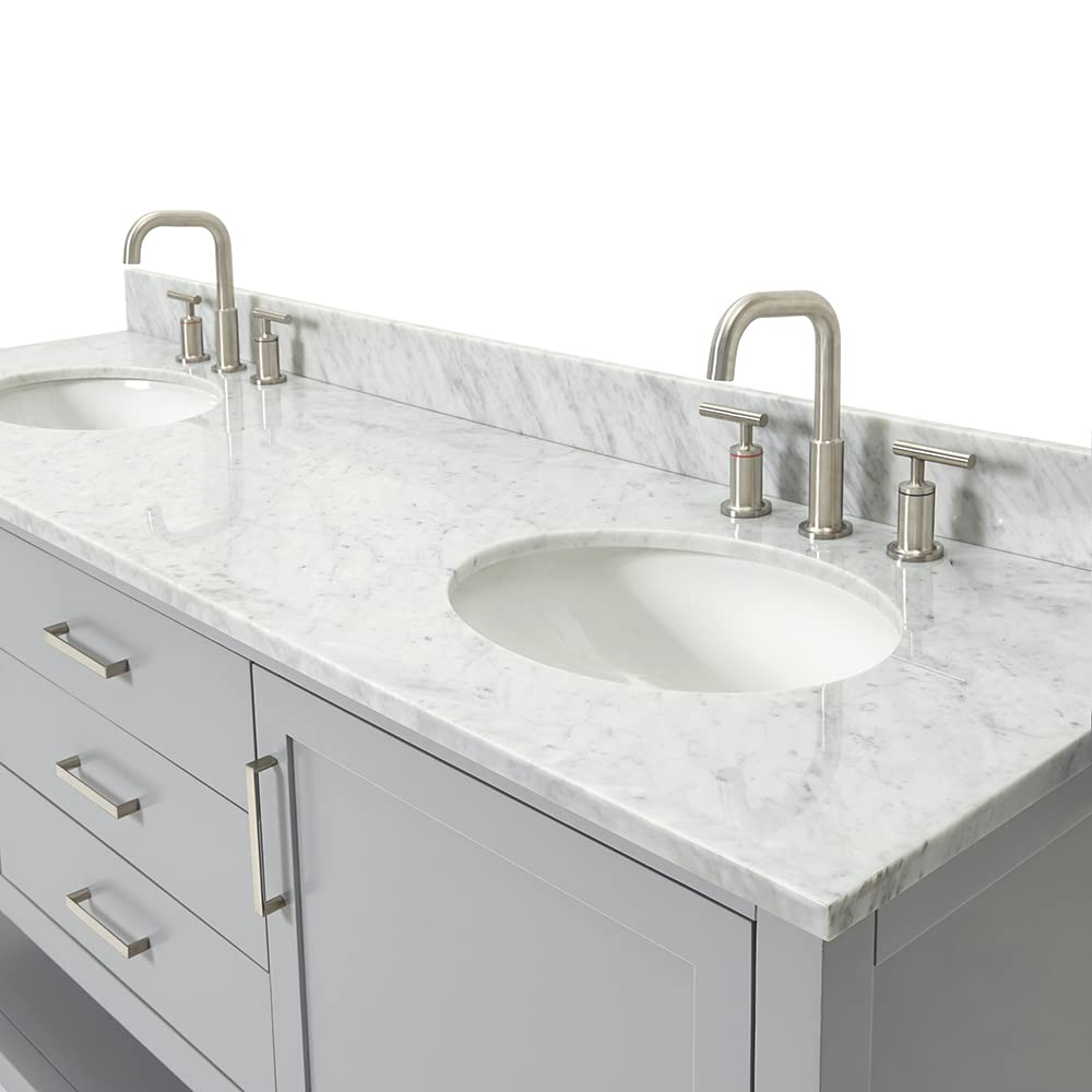 ARIEL Bayhill 72-inch Bathroom Vanity with Sink,Solid Wood, 0.75-inch Italian Carrara Marble Countertop & Backsplash, Double Oval Porcelain Sink, 2 Soft Closing Doors, 3 Dovetail Drawers, Grey - Image 6