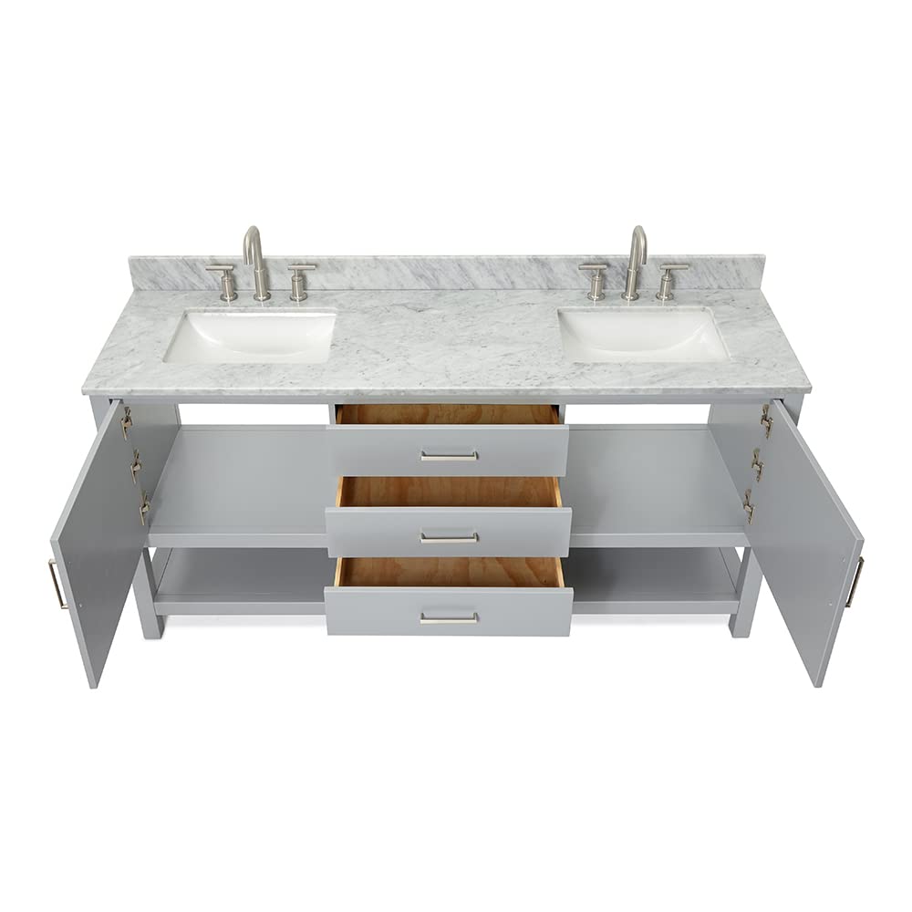 ARIEL Bayhill 72-inch Bathroom Vanity with Sink,Solid Wood, 0.75-inch Italian Carrara Marble Countertop, Double Rectangular Porcelain Sink, 2 Soft Closing Doors, 3 Dovetail Drawers, Grey - Image 11