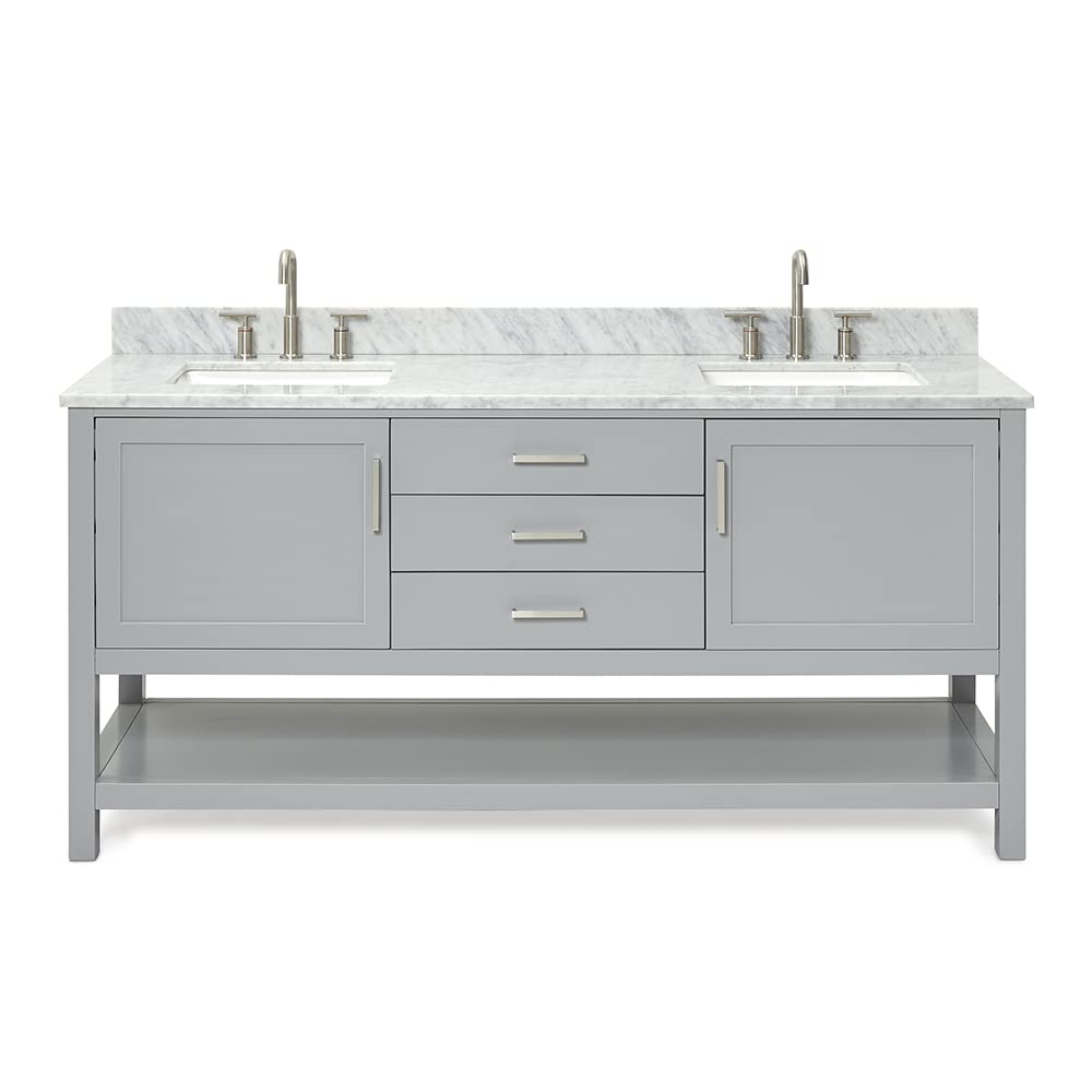 ARIEL Bayhill 72-inch Bathroom Vanity with Sink,Solid Wood, 0.75-inch Italian Carrara Marble Countertop, Double Rectangular Porcelain Sink, 2 Soft Closing Doors, 3 Dovetail Drawers, Grey - Image 5