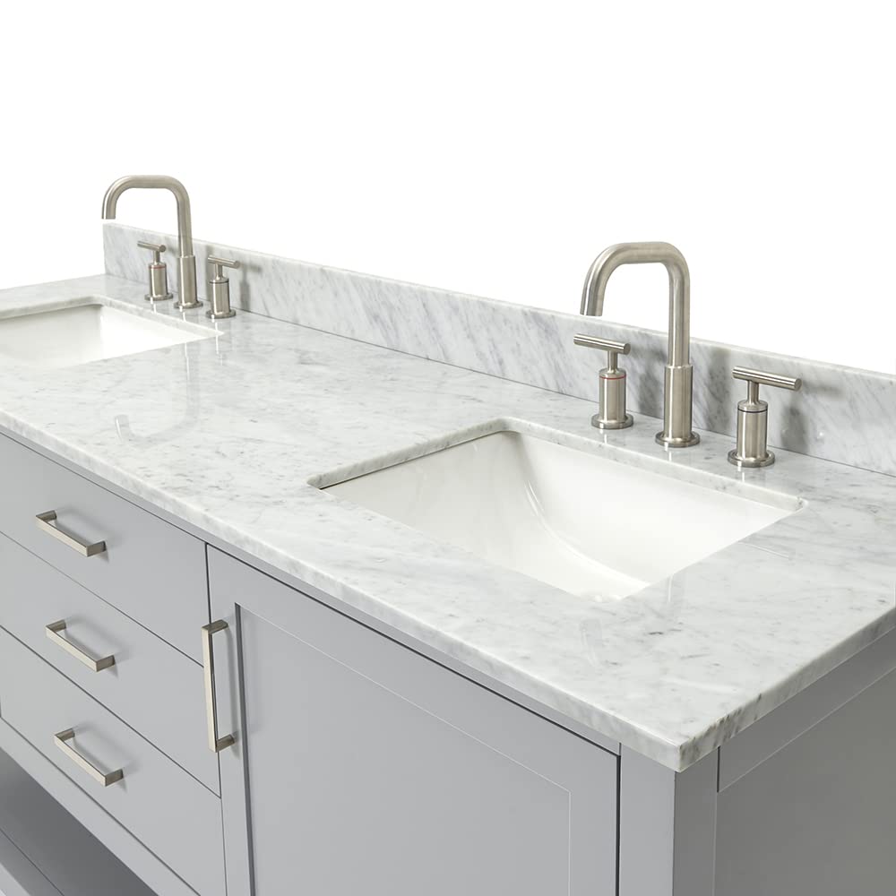 ARIEL Bayhill 72-inch Bathroom Vanity with Sink,Solid Wood, 0.75-inch Italian Carrara Marble Countertop, Double Rectangular Porcelain Sink, 2 Soft Closing Doors, 3 Dovetail Drawers, Grey - Image 6