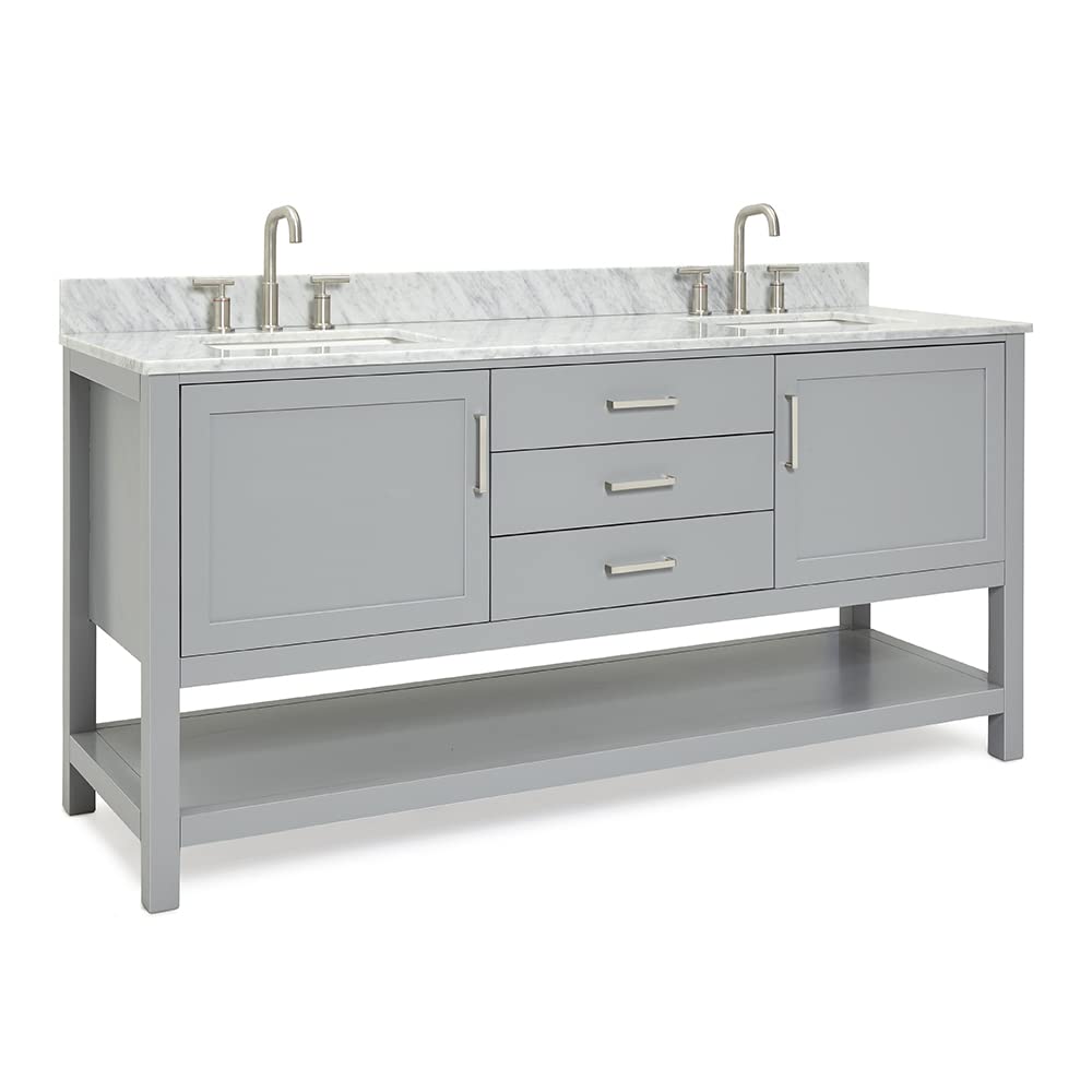 ARIEL Bayhill 72-inch Bathroom Vanity with Sink,Solid Wood, 0.75-inch Italian Carrara Marble Countertop, Double Rectangular Porcelain Sink, 2 Soft Closing Doors, 3 Dovetail Drawers, Grey - Image 8