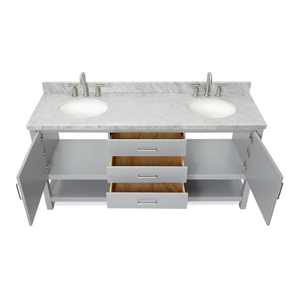 ARIEL Bayhill 72-inch Bathroom Vanity with Sink,Solid Wood, 1.5-inch Italian Carrara Marble Countertop & Backsplash, Double Oval Porcelain Sink, 2 Soft Closing Doors, 3 Dovetail Drawers, Grey - Image 11