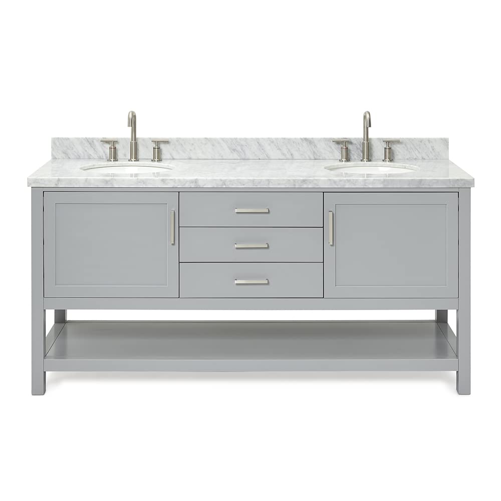 ARIEL Bayhill 72-inch Bathroom Vanity with Sink,Solid Wood, 1.5-inch Italian Carrara Marble Countertop & Backsplash, Double Oval Porcelain Sink, 2 Soft Closing Doors, 3 Dovetail Drawers, Grey - Image 5