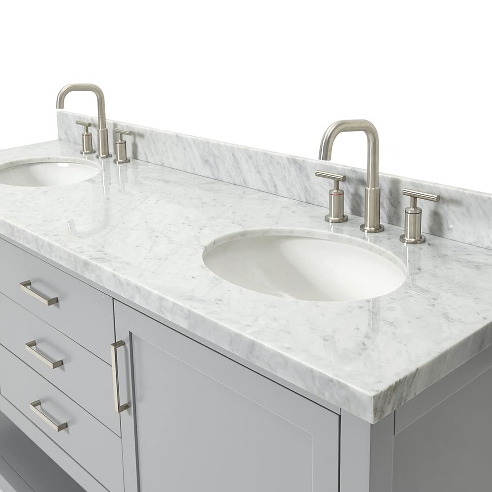 ARIEL Bayhill 72-inch Bathroom Vanity with Sink,Solid Wood, 1.5-inch Italian Carrara Marble Countertop & Backsplash, Double Oval Porcelain Sink, 2 Soft Closing Doors, 3 Dovetail Drawers, Grey - Image 6