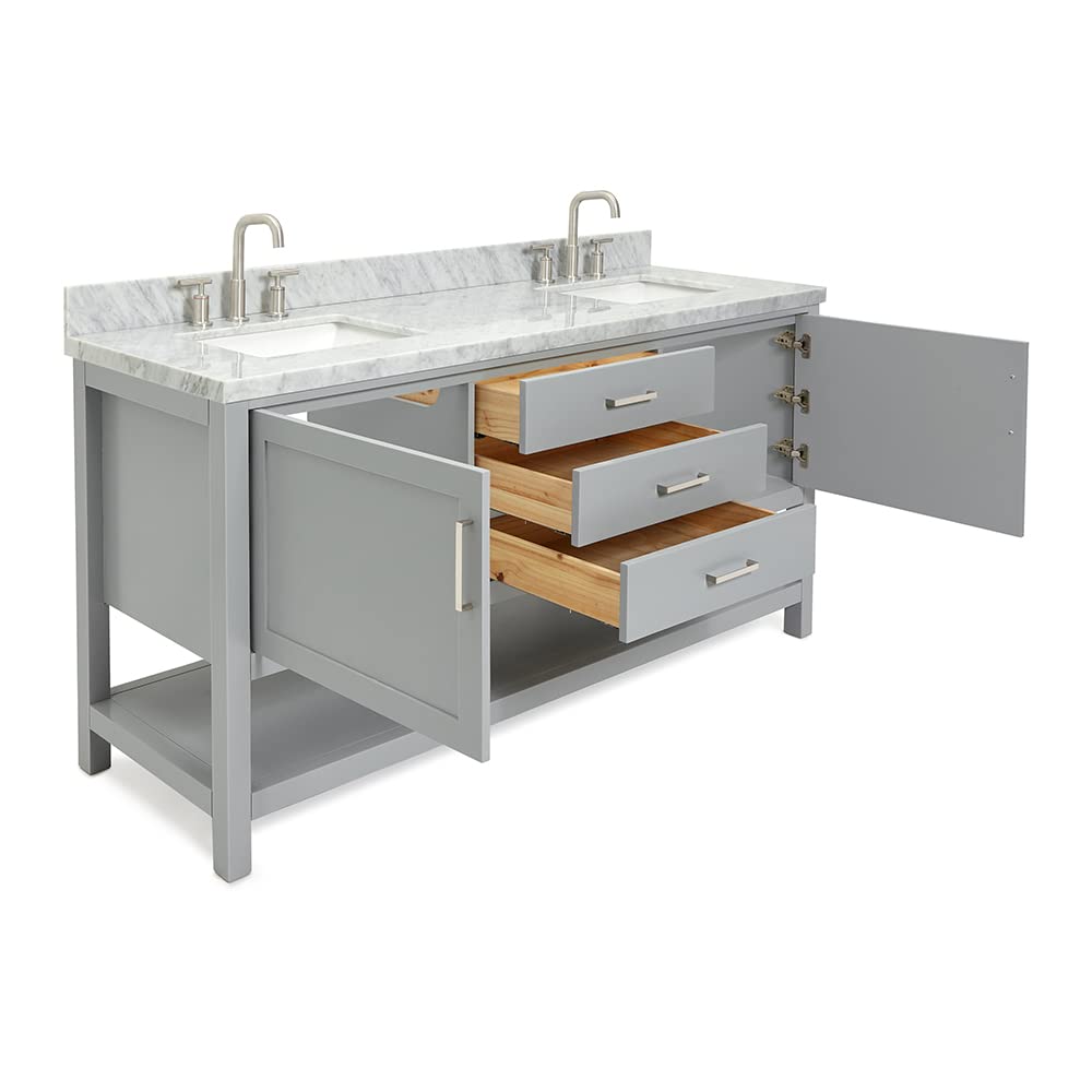 ARIEL Bayhill 72-inch Bathroom Vanity with Sink,Solid Wood, 1.5-inch Italian Carrara Marble Countertop, Double Rectangular Porcelain Sink, 2 Soft Closing Doors, 3 Dovetail Drawers, Grey - Image 4
