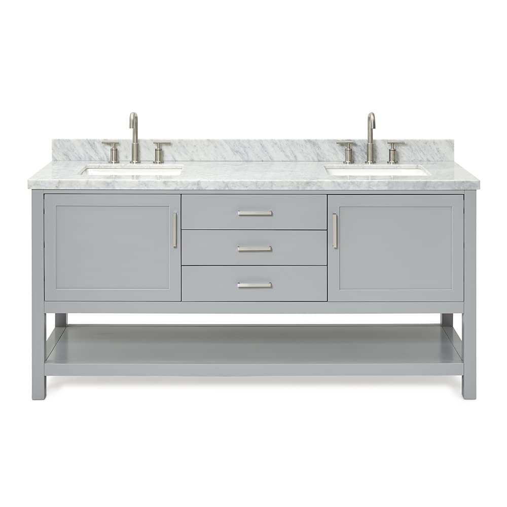 ARIEL Bayhill 72-inch Bathroom Vanity with Sink,Solid Wood, 1.5-inch Italian Carrara Marble Countertop, Double Rectangular Porcelain Sink, 2 Soft Closing Doors, 3 Dovetail Drawers, Grey - Image 5
