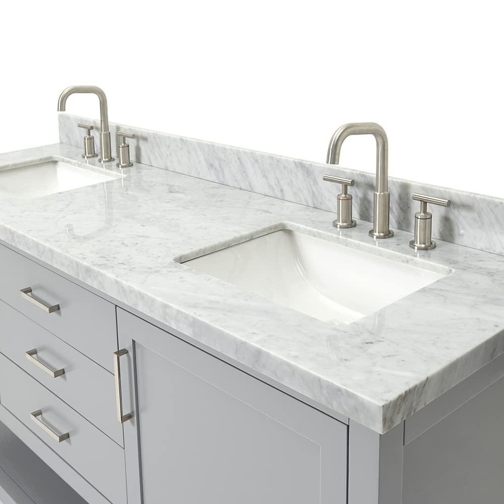 ARIEL Bayhill 72-inch Bathroom Vanity with Sink,Solid Wood, 1.5-inch Italian Carrara Marble Countertop, Double Rectangular Porcelain Sink, 2 Soft Closing Doors, 3 Dovetail Drawers, Grey - Image 6
