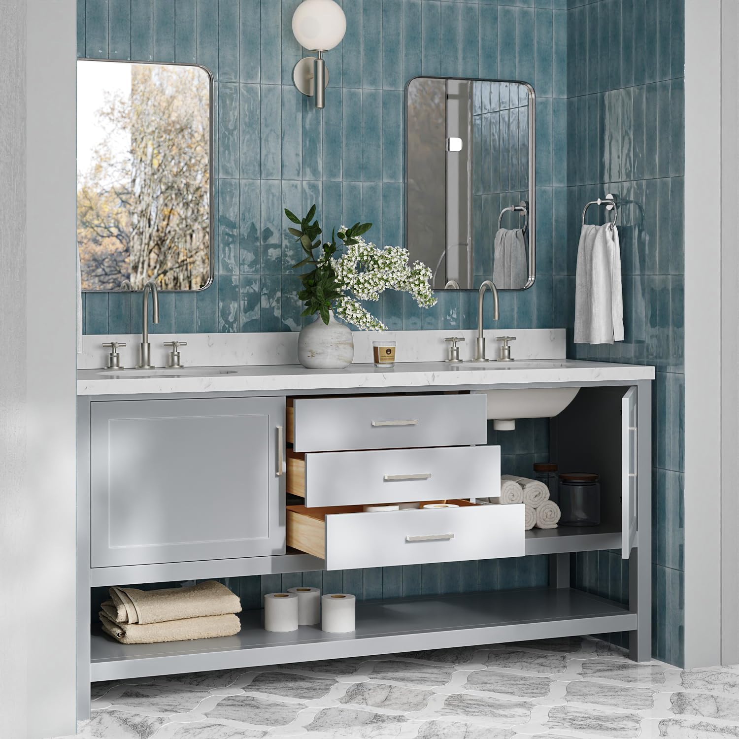 ARIEL Bayhill 72-inch Bathroom Vanity with Sink,Solid Wood, 1.5-inch Carrara White Quartz Countertop & Backsplash, Double Oval Porcelain Sink, 2 Soft Closing Doors, 3 Dovetail Drawers, Grey - Image 3