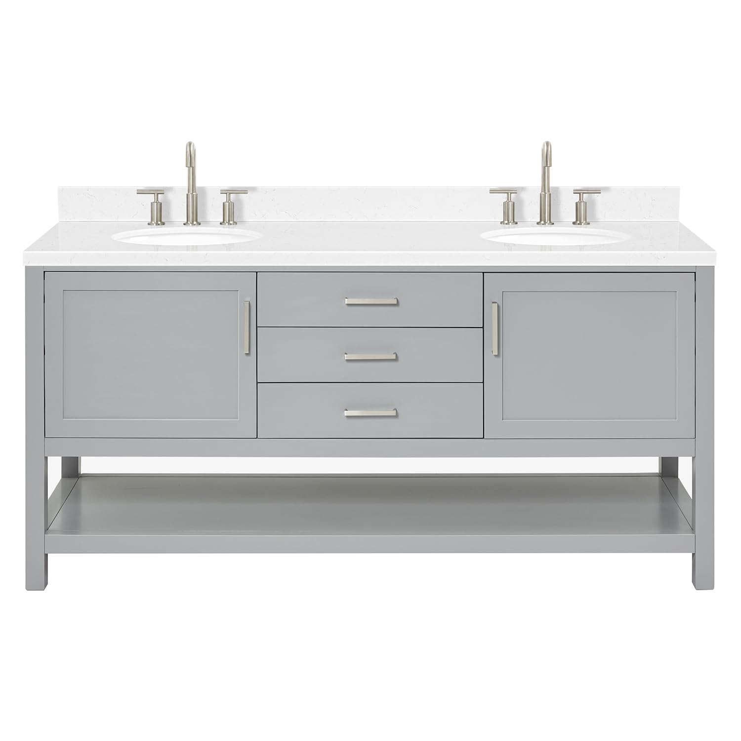 ARIEL Bayhill 72-inch Bathroom Vanity with Sink,Solid Wood, 1.5-inch Carrara White Quartz Countertop & Backsplash, Double Oval Porcelain Sink, 2 Soft Closing Doors, 3 Dovetail Drawers, Grey - Image 5