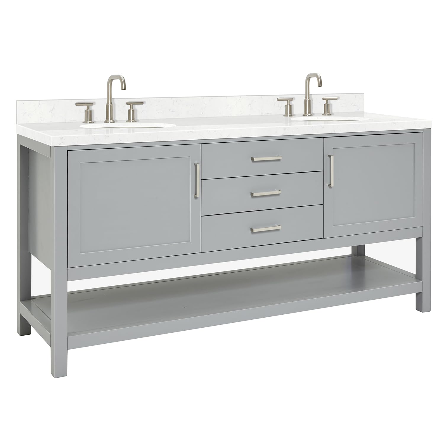 ARIEL Bayhill 72-inch Bathroom Vanity with Sink,Solid Wood, 1.5-inch Carrara White Quartz Countertop & Backsplash, Double Oval Porcelain Sink, 2 Soft Closing Doors, 3 Dovetail Drawers, Grey - Image 9