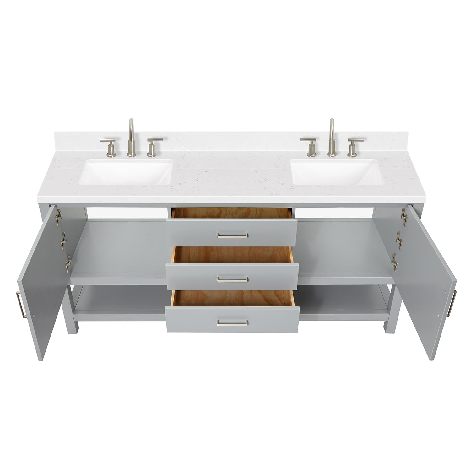 ARIEL Bayhill 72-inch Bathroom Vanity with Sink,Solid Wood, 1.5-inch Carrara White Quartz Countertop & Backsplash, Double Rectangular Porcelain Sink, 2 Soft Closing Doors, 3 Dovetail Drawers, Grey - Image 3