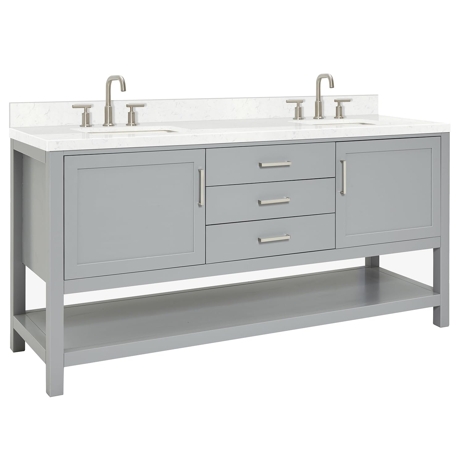 ARIEL Bayhill 72-inch Bathroom Vanity with Sink,Solid Wood, 1.5-inch Carrara White Quartz Countertop & Backsplash, Double Rectangular Porcelain Sink, 2 Soft Closing Doors, 3 Dovetail Drawers, Grey - Image 8