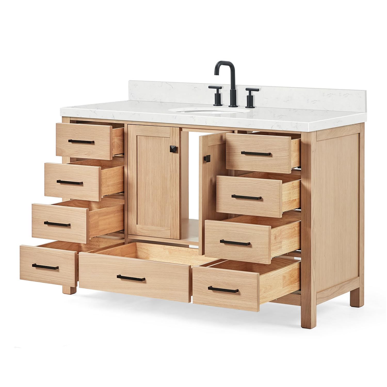 ARIEL Cambridge 54-inch Bathroom Vanity with Sink,Solid Wood, 1.5-inch Carrara White Quartz Countertop & Backsplash, Single Oval Porcelain Sink, 2 Soft Closing Doors, 9 Dovetail Drawers, White Oak - Image 10
