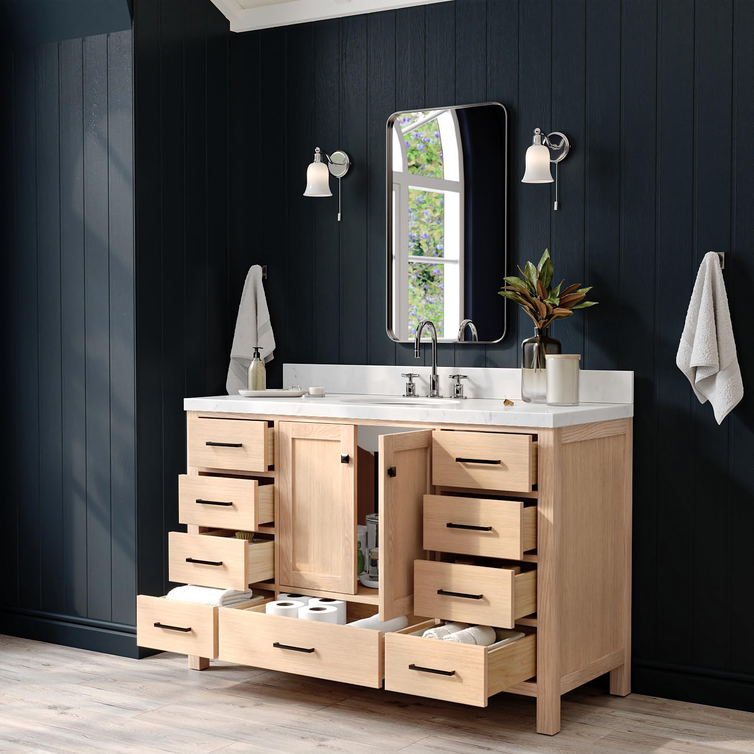 ARIEL Cambridge 54-inch Bathroom Vanity with Sink,Solid Wood, 1.5-inch Carrara White Quartz Countertop & Backsplash, Single Oval Porcelain Sink, 2 Soft Closing Doors, 9 Dovetail Drawers, White Oak - Image 3