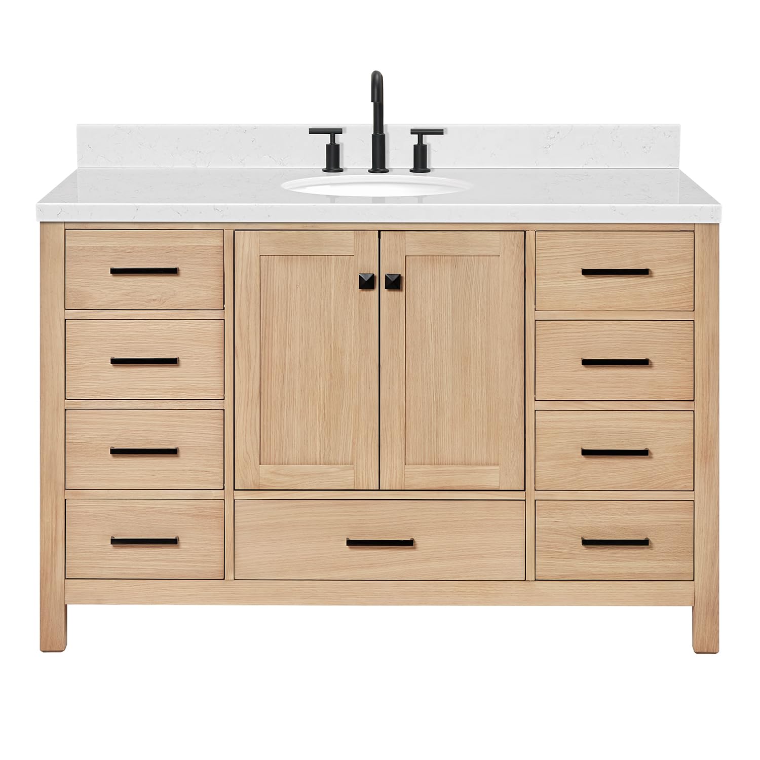 ARIEL Cambridge 54-inch Bathroom Vanity with Sink,Solid Wood, 1.5-inch Carrara White Quartz Countertop & Backsplash, Single Oval Porcelain Sink, 2 Soft Closing Doors, 9 Dovetail Drawers, White Oak - Image 5