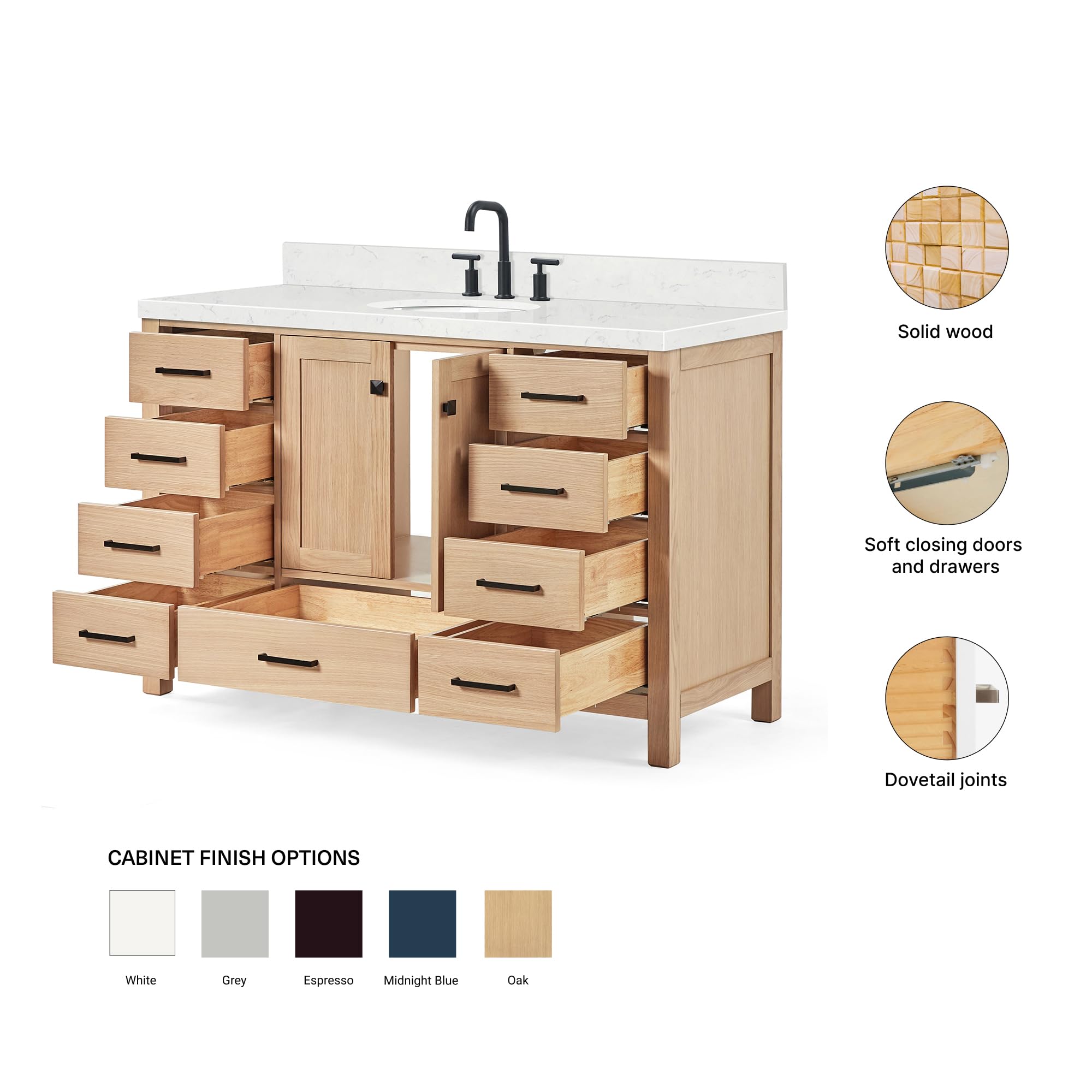 ARIEL Cambridge 54-inch Bathroom Vanity with Sink,Solid Wood, 1.5-inch Carrara White Quartz Countertop & Backsplash, Single Oval Porcelain Sink, 2 Soft Closing Doors, 9 Dovetail Drawers, White Oak - Image 6