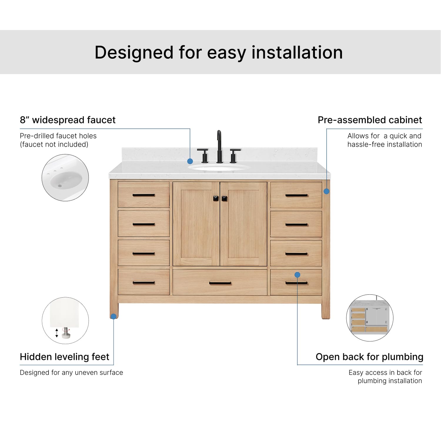 ARIEL Cambridge 54-inch Bathroom Vanity with Sink,Solid Wood, 1.5-inch Carrara White Quartz Countertop & Backsplash, Single Oval Porcelain Sink, 2 Soft Closing Doors, 9 Dovetail Drawers, White Oak - Image 7