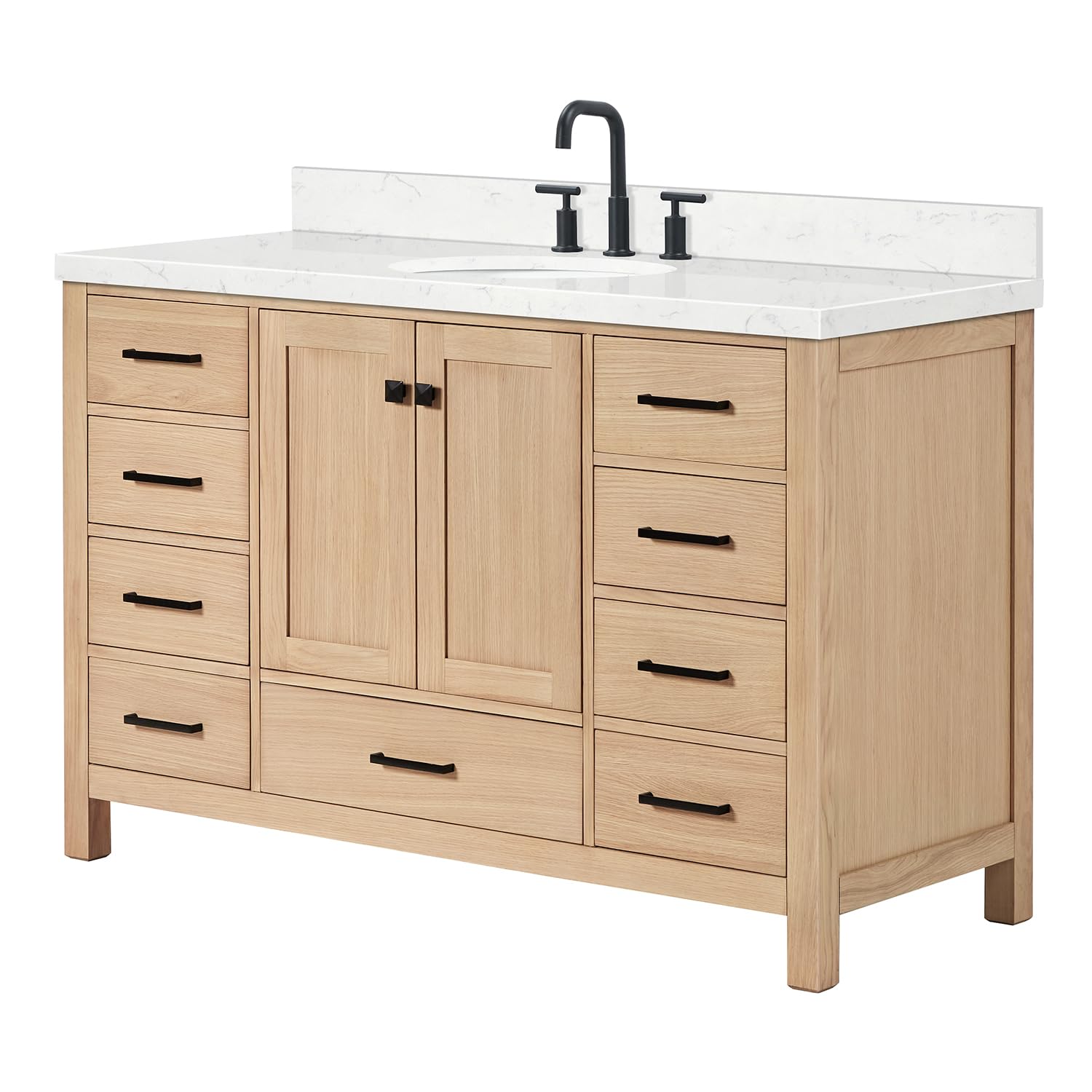 ARIEL Cambridge 54-inch Bathroom Vanity with Sink,Solid Wood, 1.5-inch Carrara White Quartz Countertop & Backsplash, Single Oval Porcelain Sink, 2 Soft Closing Doors, 9 Dovetail Drawers, White Oak - Image 8