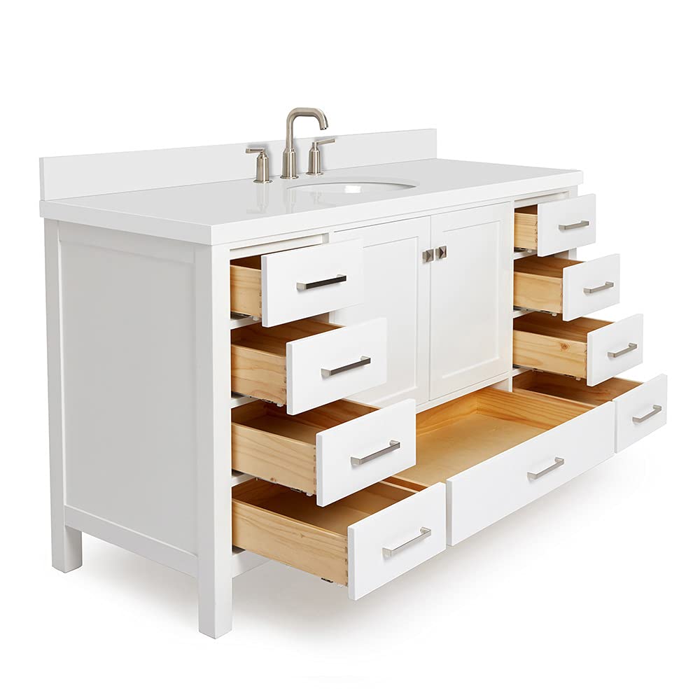 ARIEL Cambridge 60-inch Bathroom Vanity with Sink,Solid Wood, 1.5-inch Pure White Quartz Countertop & Backsplash, Single Oval Porcelain Sink, 2 Soft Closing Doors, 9 Dovetail Drawers, White - Image 10