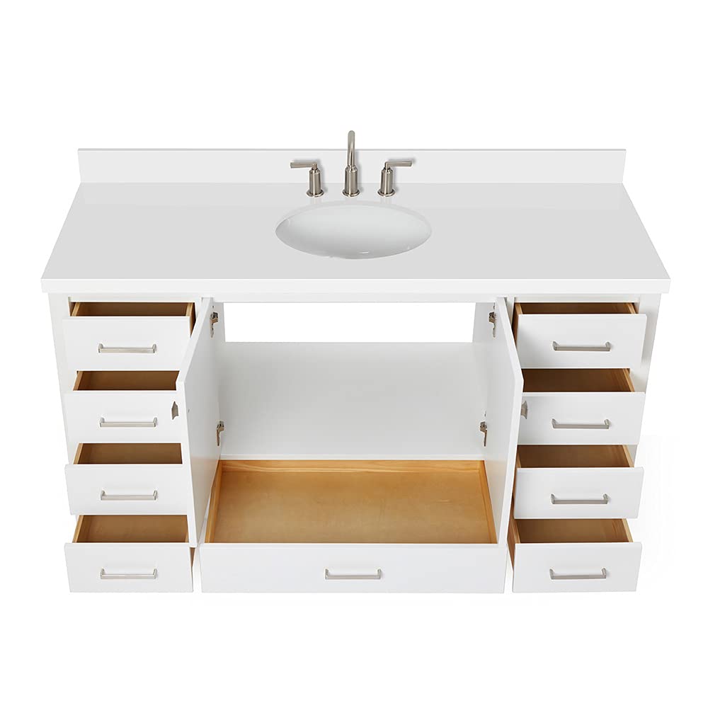 ARIEL Cambridge 60-inch Bathroom Vanity with Sink,Solid Wood, 1.5-inch Pure White Quartz Countertop & Backsplash, Single Oval Porcelain Sink, 2 Soft Closing Doors, 9 Dovetail Drawers, White - Image 11