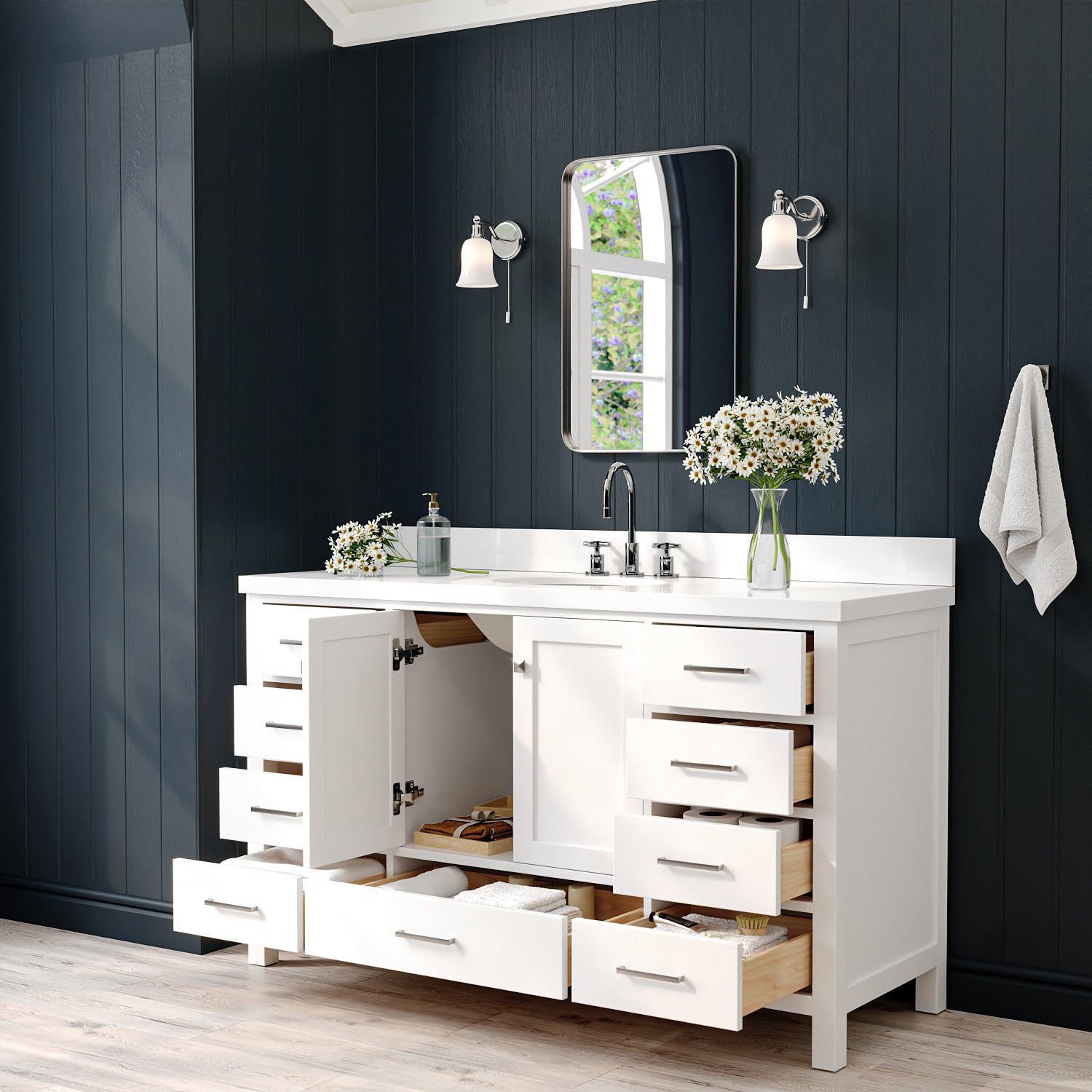 ARIEL Cambridge 60-inch Bathroom Vanity with Sink,Solid Wood, 1.5-inch Pure White Quartz Countertop & Backsplash, Single Oval Porcelain Sink, 2 Soft Closing Doors, 9 Dovetail Drawers, White - Image 3