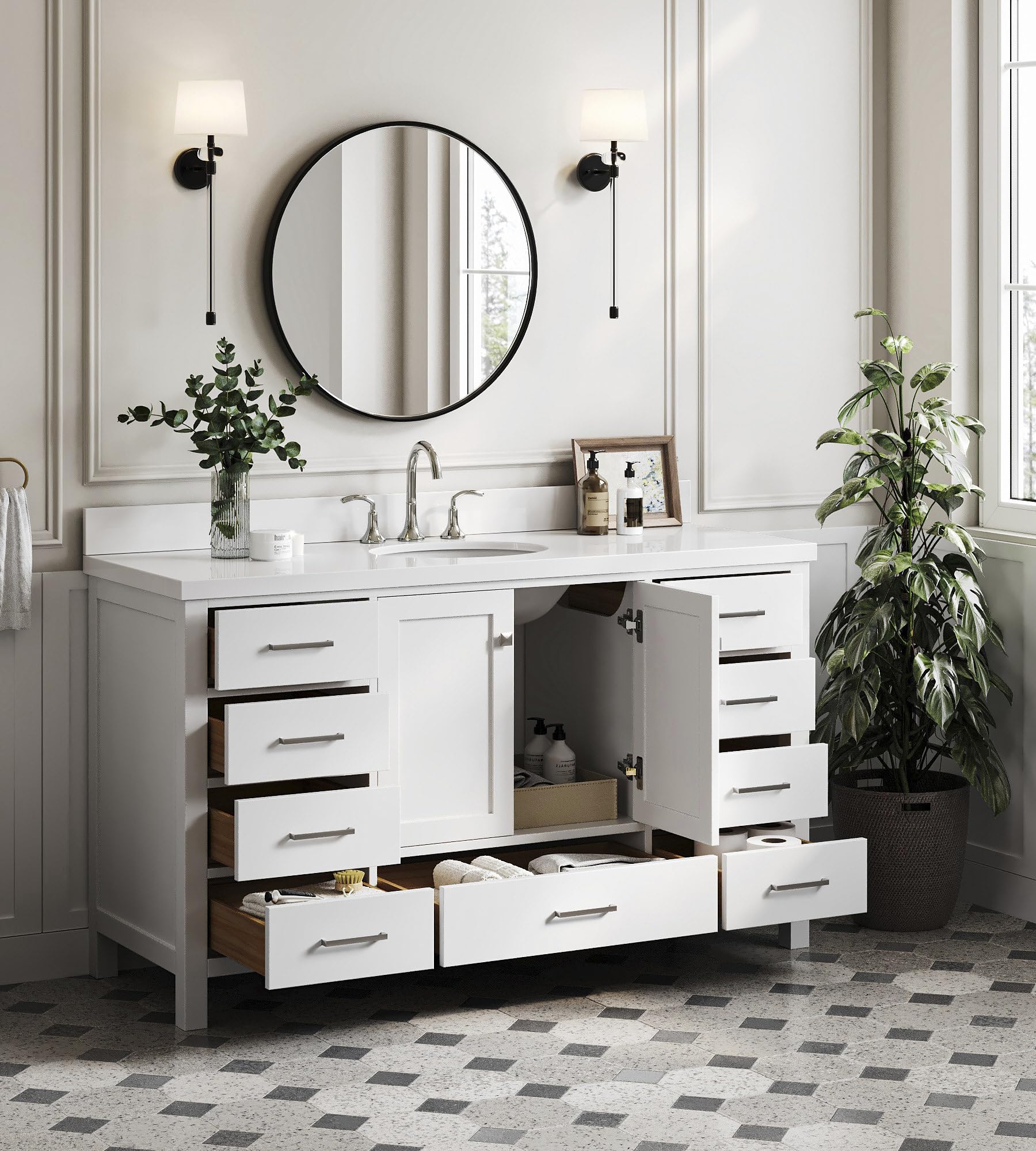 ARIEL Cambridge 60-inch Bathroom Vanity with Sink,Solid Wood, 1.5-inch Pure White Quartz Countertop & Backsplash, Single Oval Porcelain Sink, 2 Soft Closing Doors, 9 Dovetail Drawers, White - Image 4
