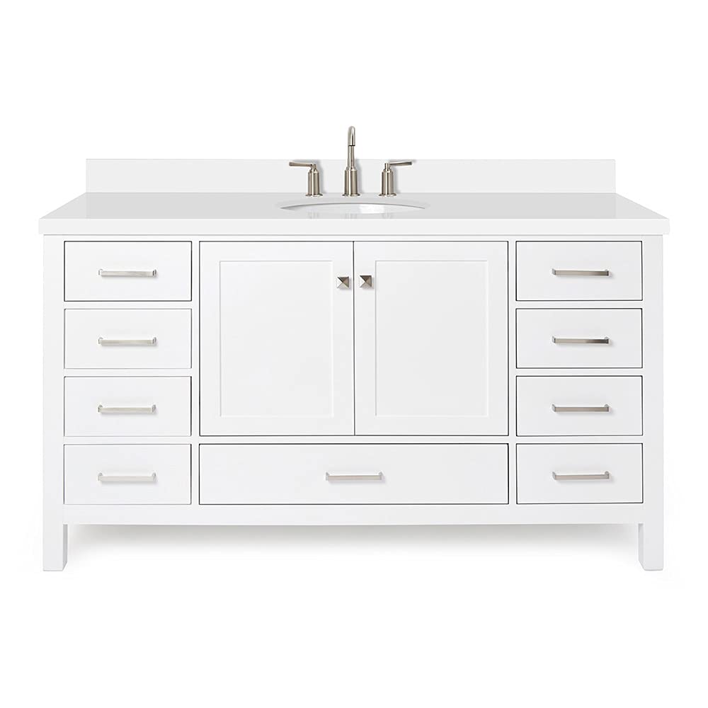 ARIEL Cambridge 60-inch Bathroom Vanity with Sink,Solid Wood, 1.5-inch Pure White Quartz Countertop & Backsplash, Single Oval Porcelain Sink, 2 Soft Closing Doors, 9 Dovetail Drawers, White - Image 5