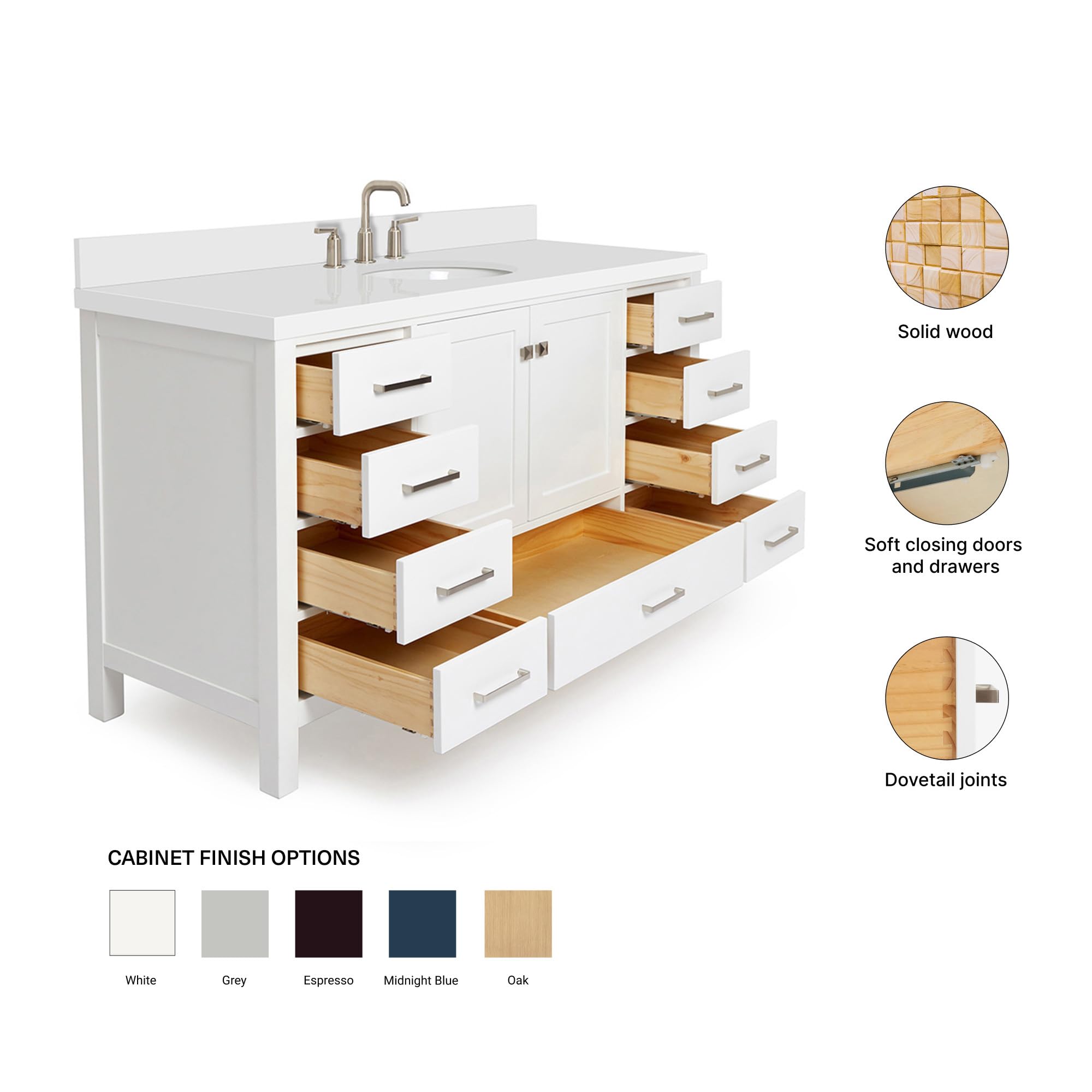 ARIEL Cambridge 60-inch Bathroom Vanity with Sink,Solid Wood, 1.5-inch Pure White Quartz Countertop & Backsplash, Single Oval Porcelain Sink, 2 Soft Closing Doors, 9 Dovetail Drawers, White - Image 6
