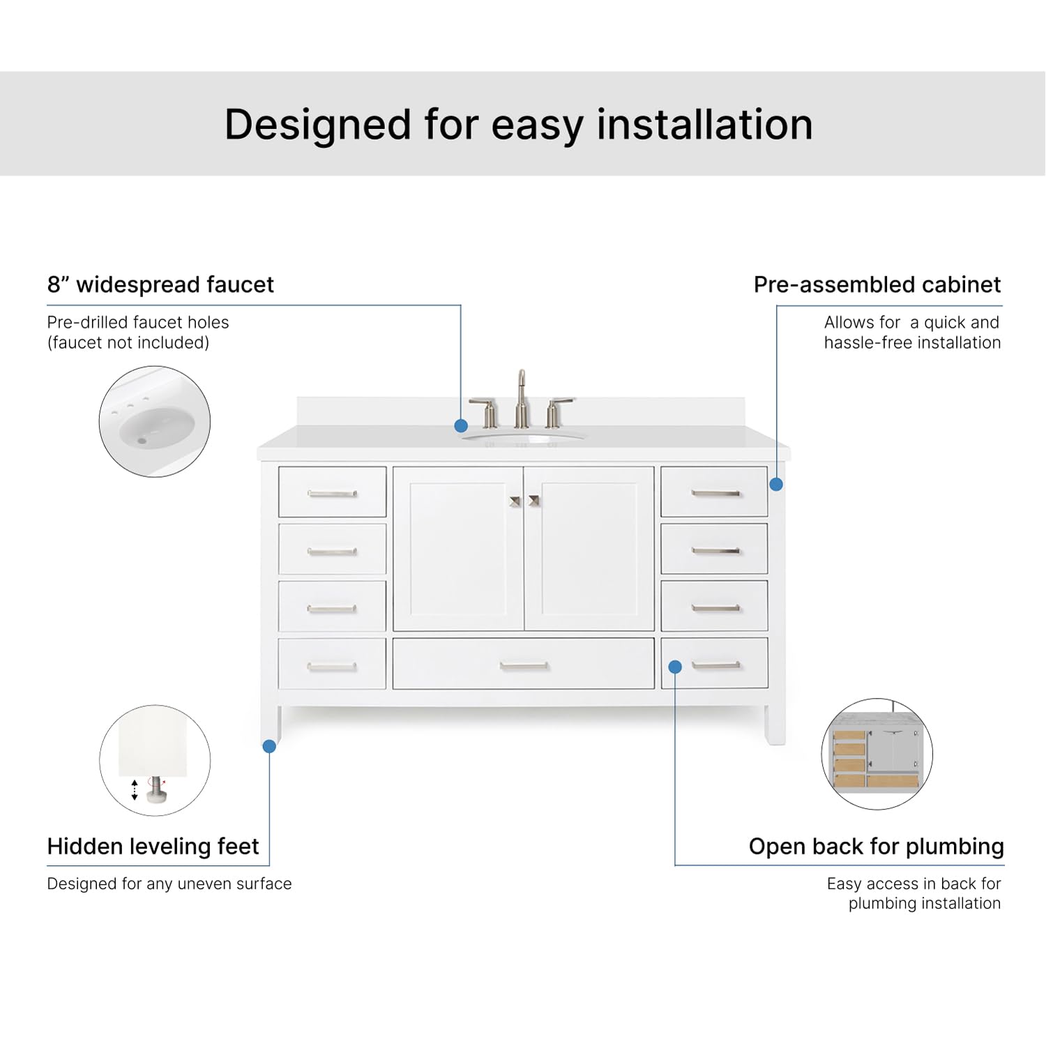 ARIEL Cambridge 60-inch Bathroom Vanity with Sink,Solid Wood, 1.5-inch Pure White Quartz Countertop & Backsplash, Single Oval Porcelain Sink, 2 Soft Closing Doors, 9 Dovetail Drawers, White - Image 7