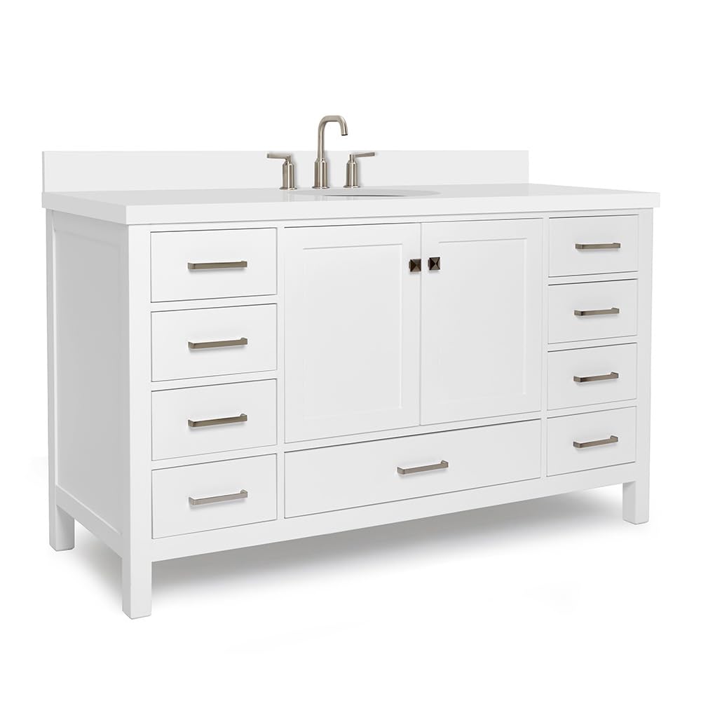 ARIEL Cambridge 60-inch Bathroom Vanity with Sink,Solid Wood, 1.5-inch Pure White Quartz Countertop & Backsplash, Single Oval Porcelain Sink, 2 Soft Closing Doors, 9 Dovetail Drawers, White - Image 8