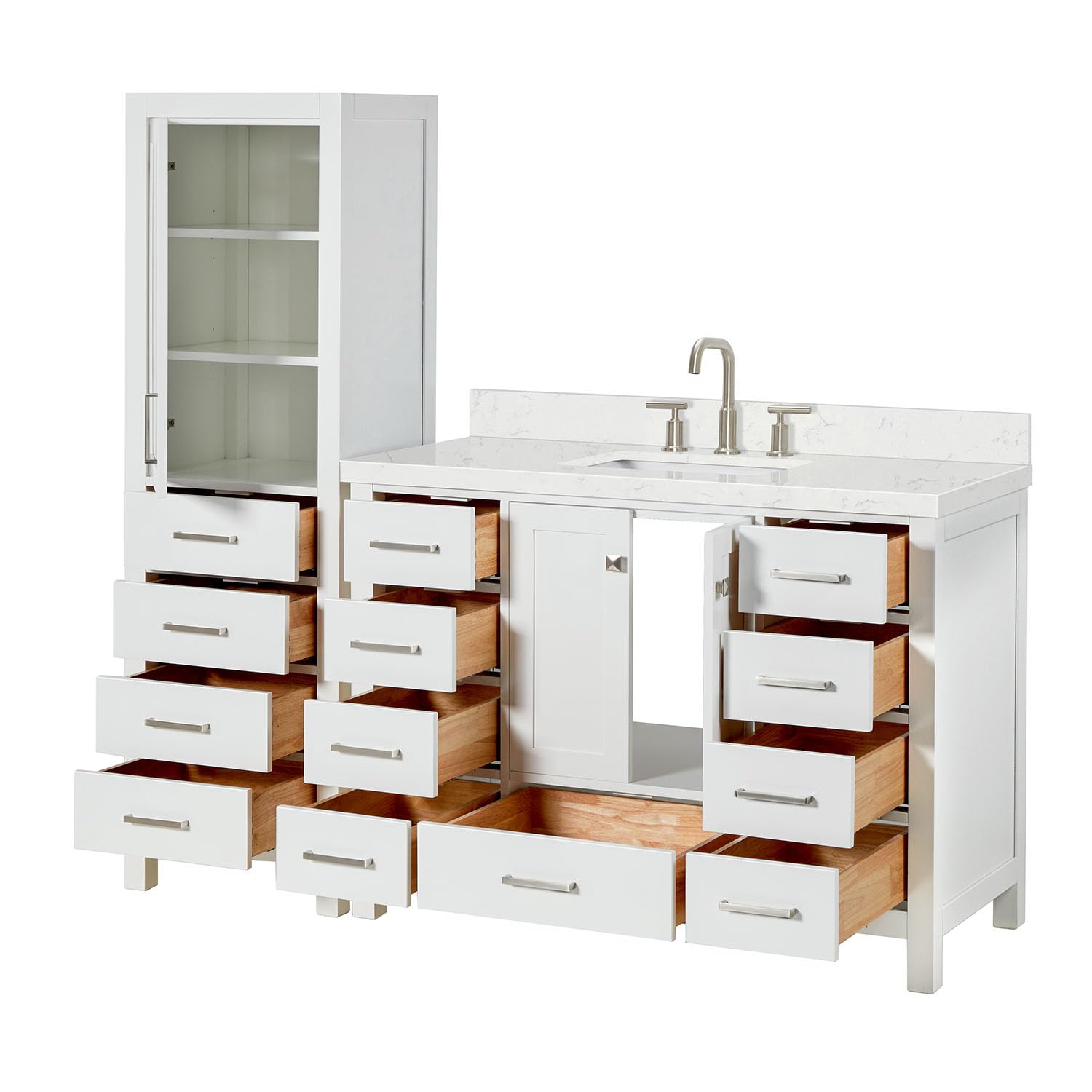 ARIEL Cambridge 68 Inch Includes 20 Inch Linen Cabinet and 1 of 48 Inch Single Rectangle Sink Bathroom Vanity with Carrara White Quartz Countertop 1.5 Inch in White - Image 6