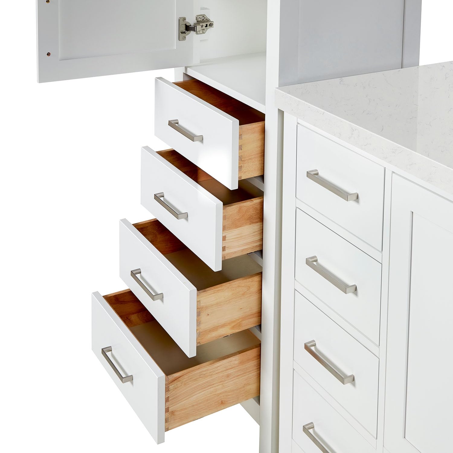 ARIEL Cambridge 68 Inch Includes 20 Inch Linen Cabinet and 1 of 48 Inch Single Rectangle Sink Bathroom Vanity with Carrara White Quartz Countertop 1.5 Inch in White - Image 7