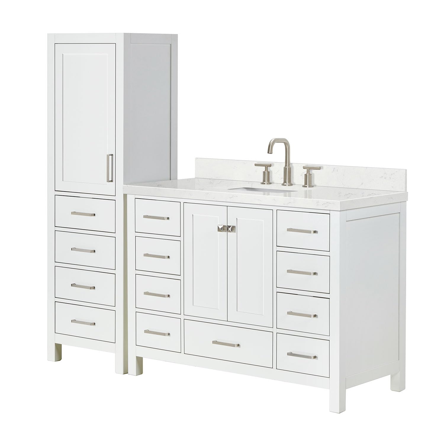 ARIEL Cambridge 68 Inch Includes 20 Inch Linen Cabinet and 1 of 48 Inch Single Rectangle Sink Bathroom Vanity with Carrara White Quartz Countertop 1.5 Inch in White - Image 9