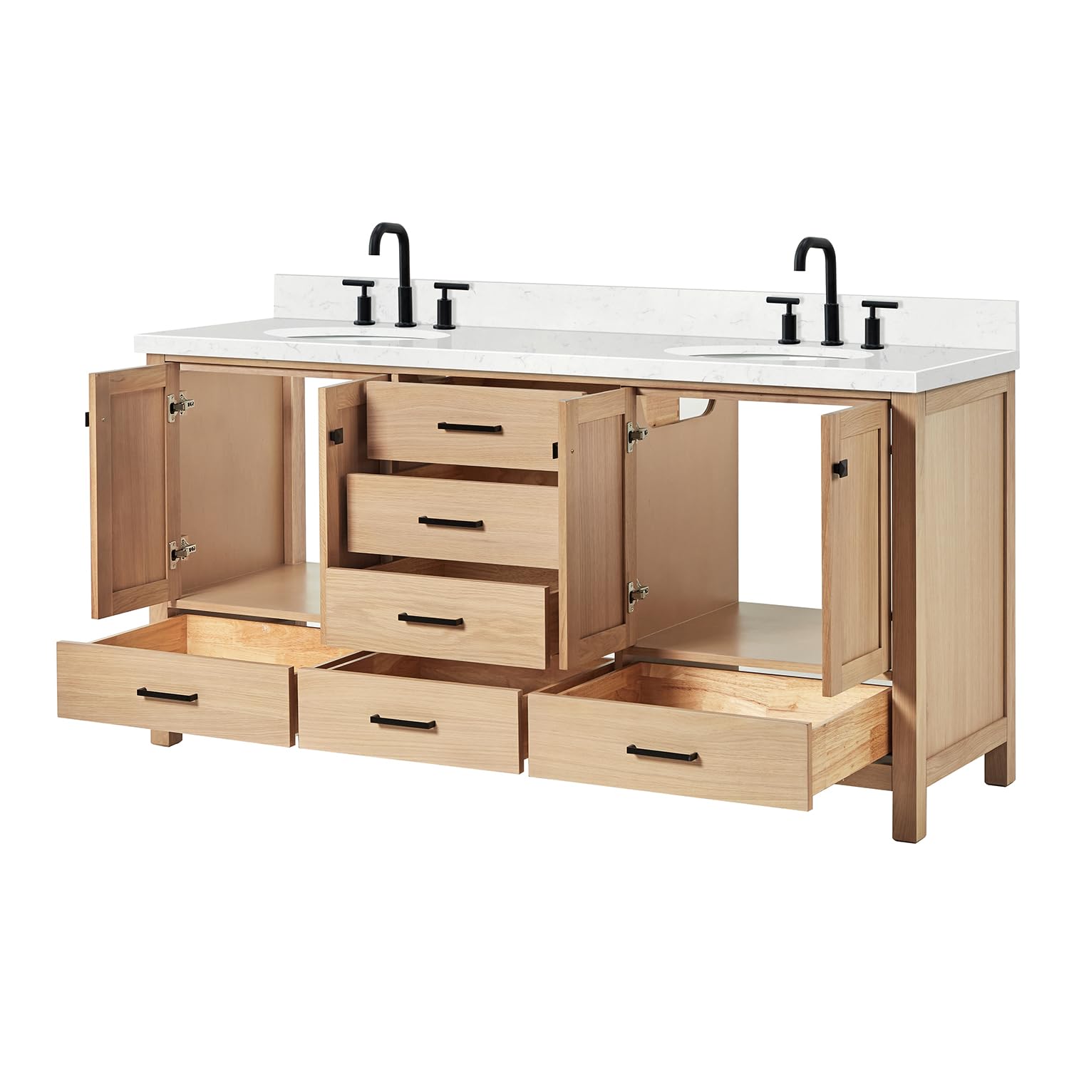 ARIEL Cambridge 72-inch Bathroom Vanity with Sink,Solid Wood, 1.5-inch Carrara White Quartz Countertop & Backsplash, Double Oval Porcelain Sink, 4 Soft Closing Doors, 6 Dovetail Drawers, White Oak - Image 10
