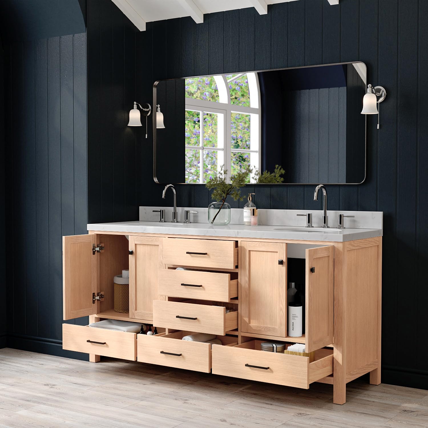 ARIEL Cambridge 72-inch Bathroom Vanity with Sink,Solid Wood, 1.5-inch Carrara White Quartz Countertop & Backsplash, Double Oval Porcelain Sink, 4 Soft Closing Doors, 6 Dovetail Drawers, White Oak - Image 3