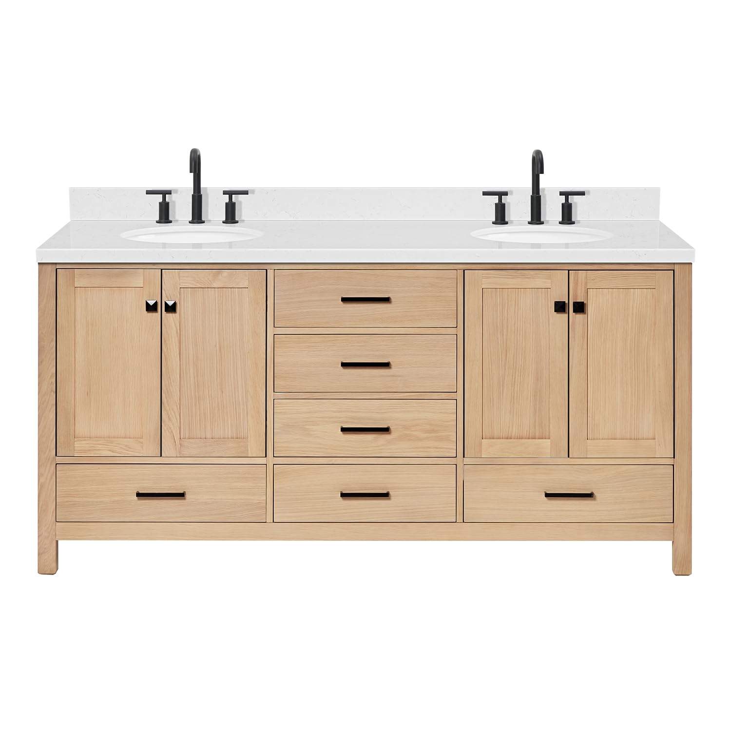 ARIEL Cambridge 72-inch Bathroom Vanity with Sink,Solid Wood, 1.5-inch Carrara White Quartz Countertop & Backsplash, Double Oval Porcelain Sink, 4 Soft Closing Doors, 6 Dovetail Drawers, White Oak - Image 5