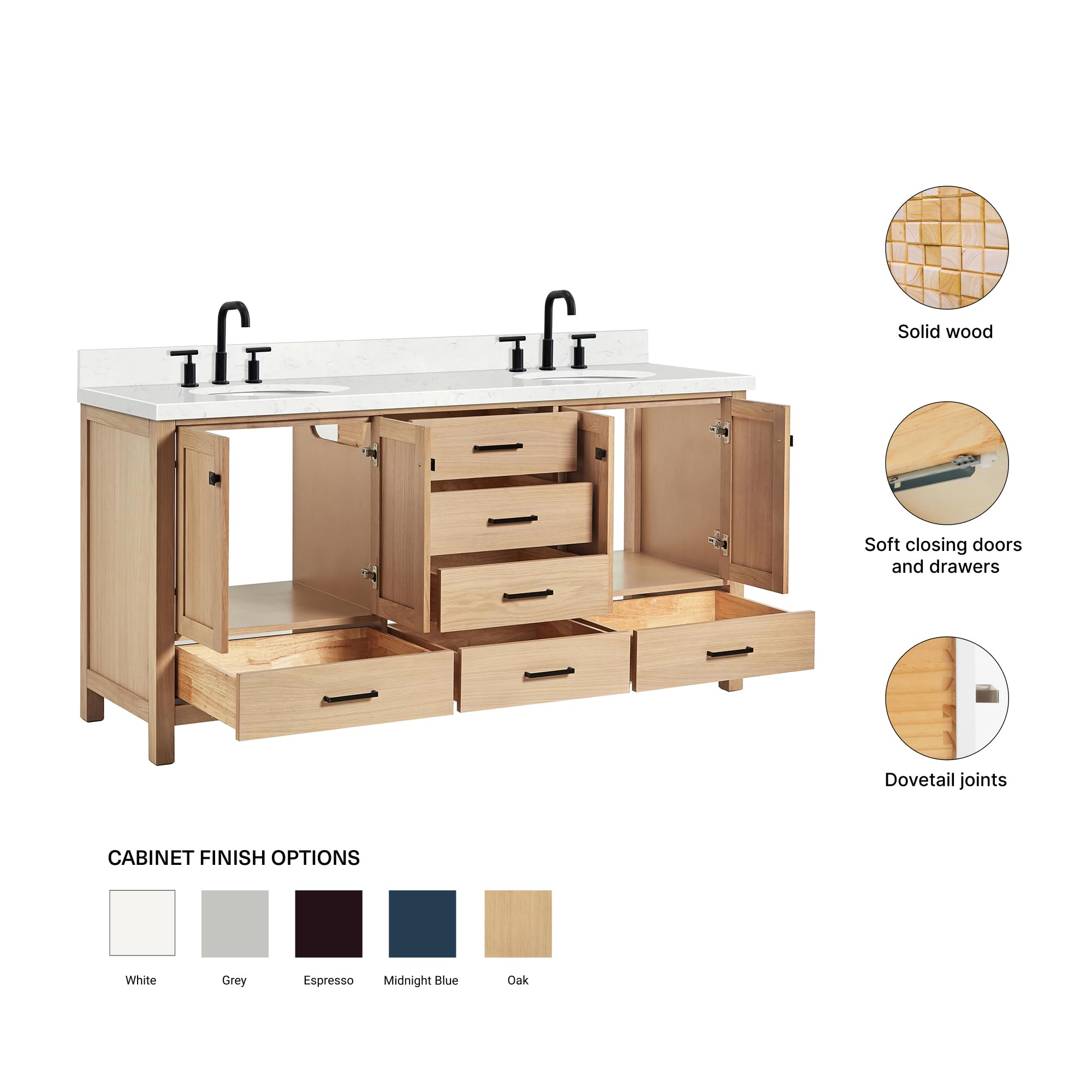 ARIEL Cambridge 72-inch Bathroom Vanity with Sink,Solid Wood, 1.5-inch Carrara White Quartz Countertop & Backsplash, Double Oval Porcelain Sink, 4 Soft Closing Doors, 6 Dovetail Drawers, White Oak - Image 6