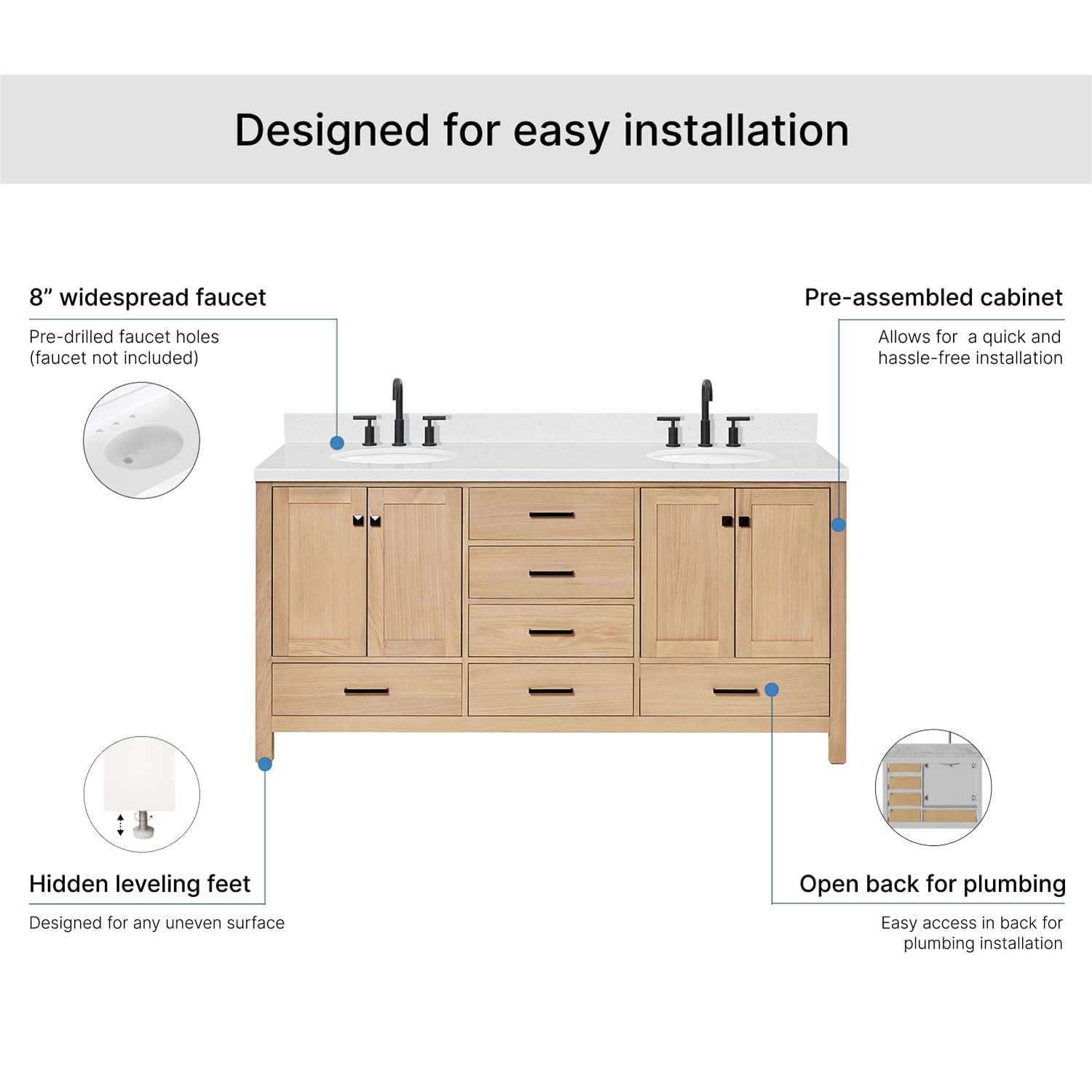ARIEL Cambridge 72-inch Bathroom Vanity with Sink,Solid Wood, 1.5-inch Carrara White Quartz Countertop & Backsplash, Double Oval Porcelain Sink, 4 Soft Closing Doors, 6 Dovetail Drawers, White Oak - Image 7